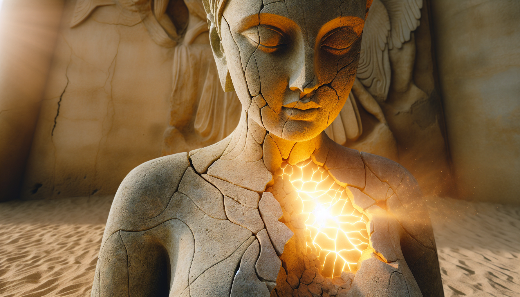 Cracked stone statue of a person (old self) with inner golden light breaking through the cracks, Aquarius water bearer symbol carved on the chest, set in a sandy temple floor — powerful and emotional.