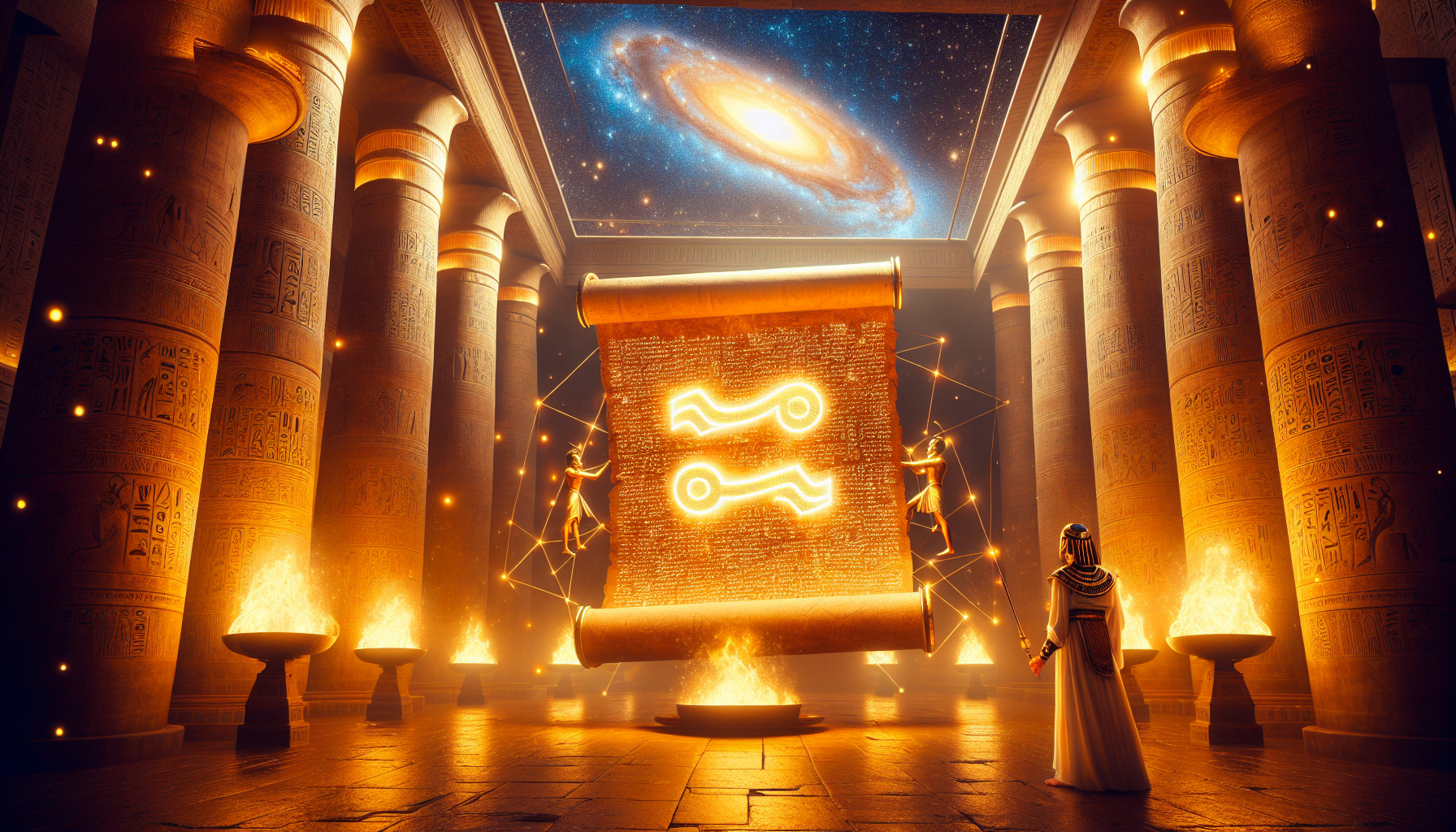 A glowing ancient papyrus scroll floating mid-air inside a grand Egyptian temple, lit by golden torchlight. At the top of the scroll, the Aquarius zodiac symbol (♒︎) is drawn in radiant golden ink. Behind the scroll, the Aquarius constellation glows clearly in the night sky through a large stone window. A robed figure with Egyptian jewelry watches in reverence, symbolizing a divine soul agreement being activated by cosmic forces.