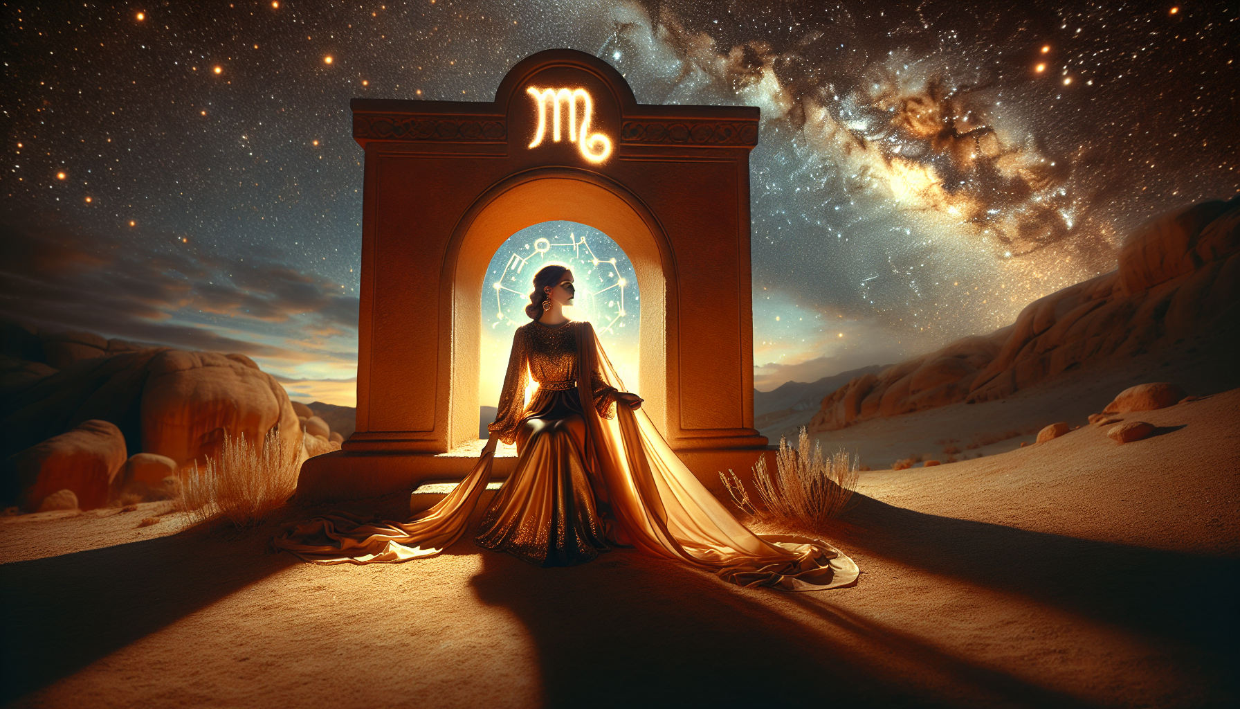 A radiant female figure sits on a sandstone throne under a star-lit arch, with the Virgo zodiac symbol glowing above her head like a crown. The Virgo constellation shines clearly in the night sky above. Flowing golden drapery, desert textures, and mystical light complete this vertical, majestic scene.
