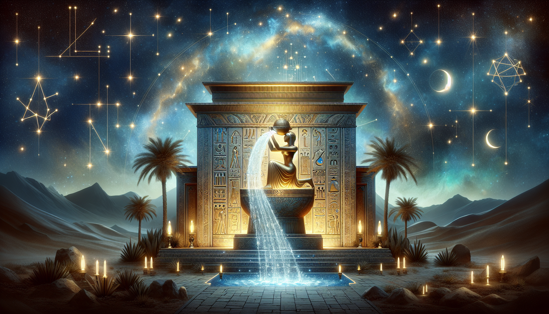 A mystical landscape scene of an ancient Egyptian temple under a cosmic night sky, dedicated to Aquarius. In the center, a glowing golden figure of the Water Bearer stands atop a stone platform, pouring celestial water from a large ornate vessel into a river of stars that flows across the temple floor. The temple walls are engraved with Aquarius symbols, futuristic glyphs, and ancient constellations. In the sky above, the Aquarius constellation sparkles in soft white and teal light. Palm trees sway in the distance, and sand dunes shimmer under the starlight. Color palette: soft gold, deep indigo, aqua blue, muted bronze. Mood: timeless vision, cosmic elegance, sacred silence.