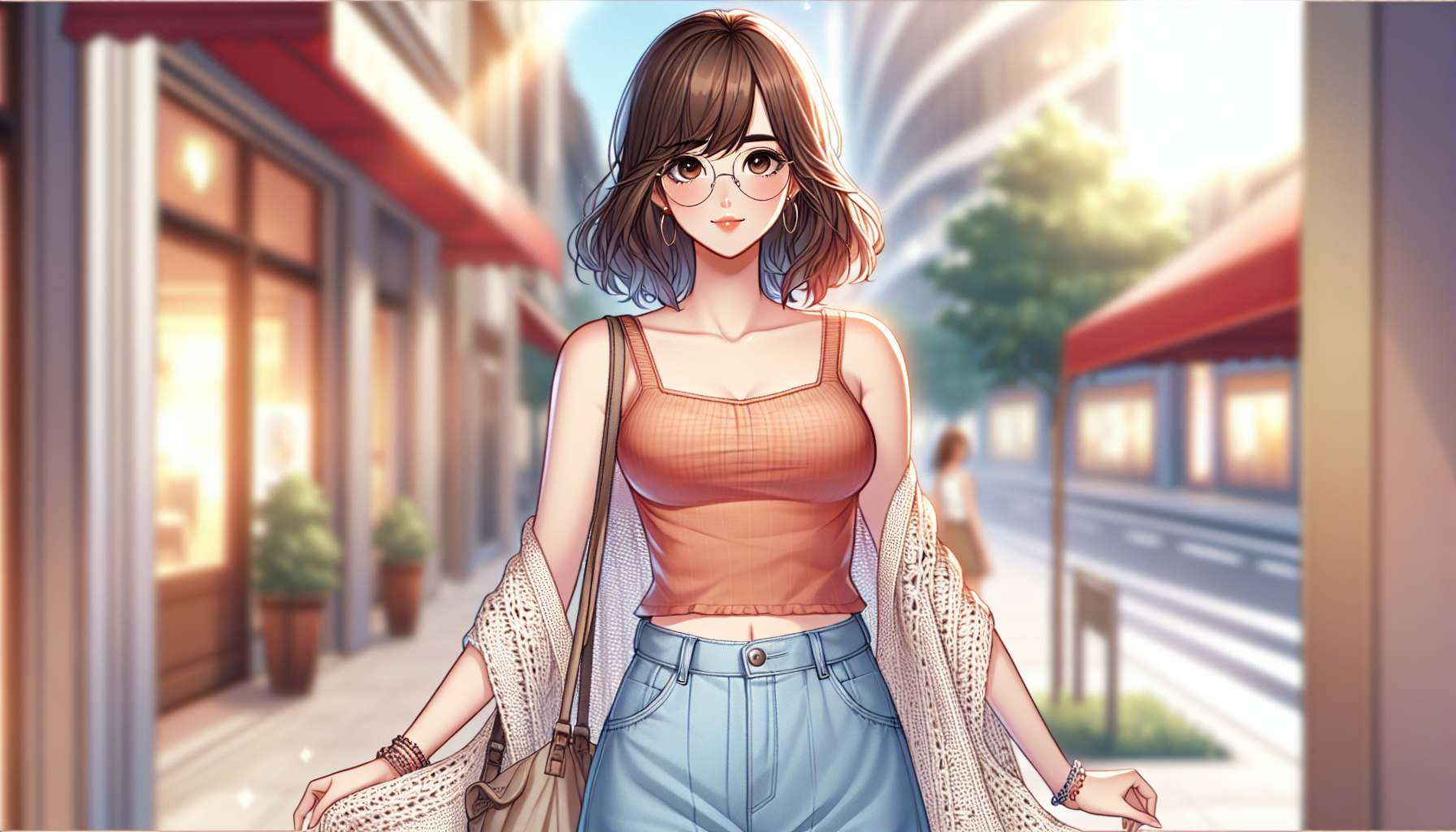 A young woman with an hourglass figure (B90 W60 H88, height 159cm), healthy and naturally feminine. She wears round glasses and casual clothes: a warm-colored sleeveless top with a square neckline and wide shoulder straps (absolutely no lingerie style), an ivory long crochet vest reaching below her hips, and light blue denim wide-leg pants. She is standing on a lively but calm city street, waiting for someone, with a slightly shy but happy expression. She carries a casual bag. Her outfit looks comfortable, natural, and modest, with soft fabric drape and realistic folds. The art style is soft, warm, and semi-realistic anime with balanced, natural body proportions. Background shows a bright city street with natural daylight.