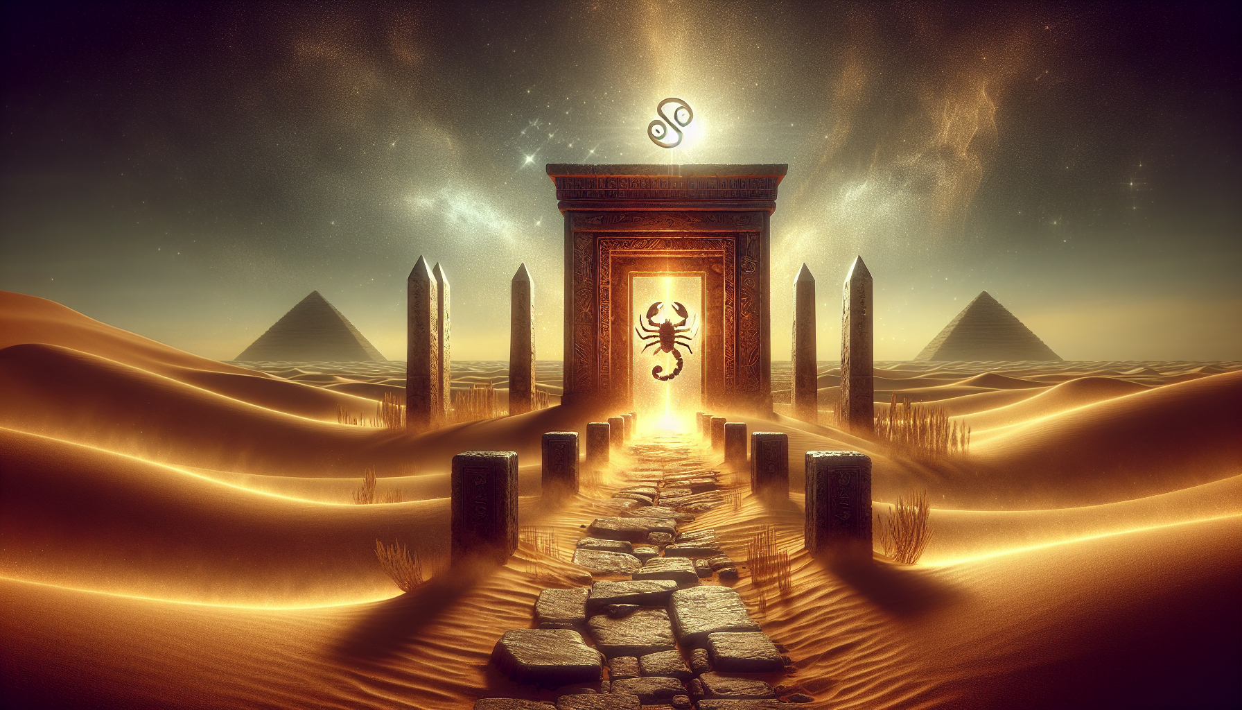 Vertical image of an old desert pathway leading toward a glowing Scorpio zodiac gate between two weathered obelisks, golden dust rising around, pyramid silhouettes far in the background, and a celestial glow illuminating the Scorpio glyph above