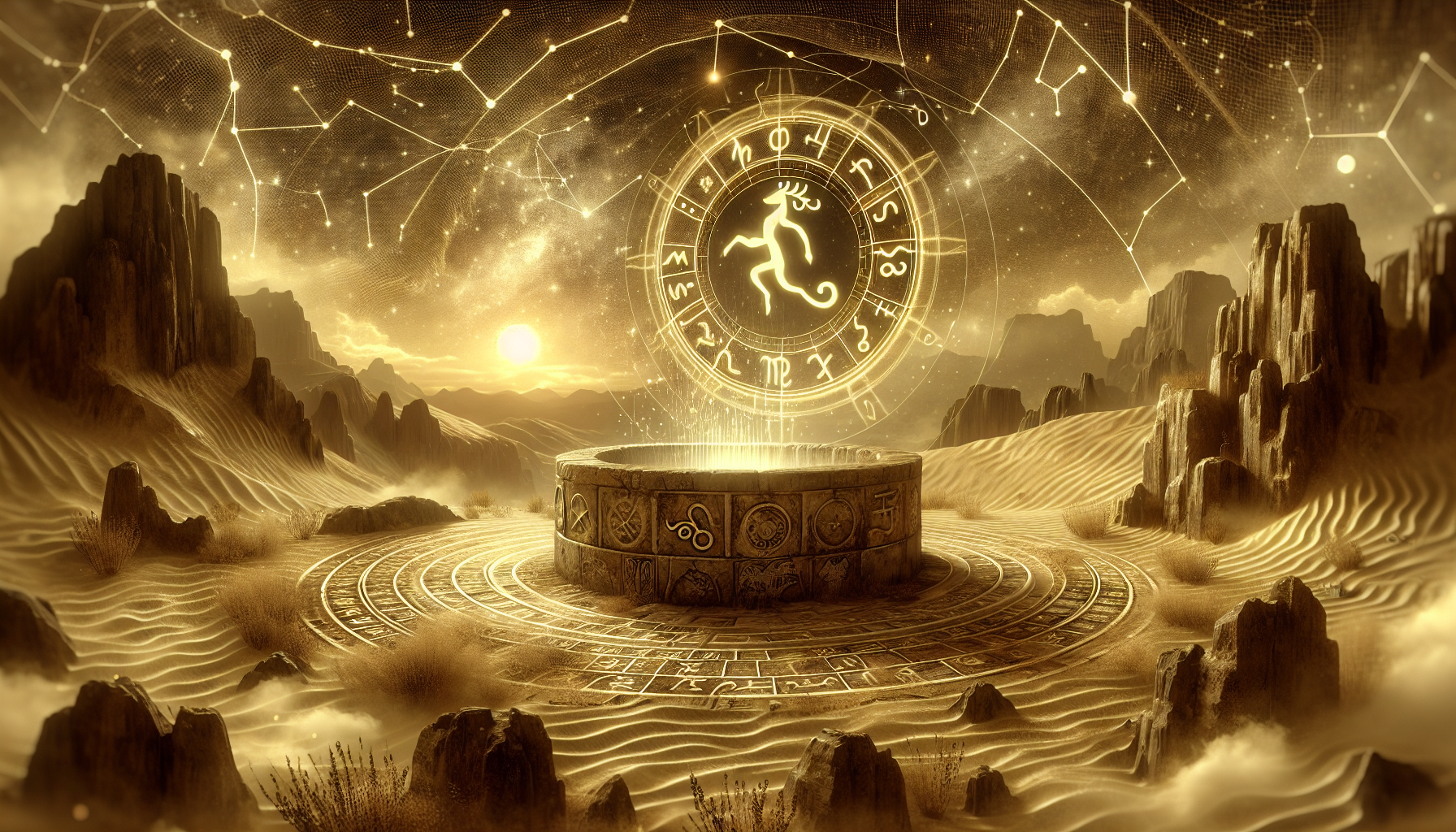Portrait image of a golden Sagittarius rune floating above a mystical desert well, encircled by ancient stones engraved with astrological glyphs, faint constellation trails in the air, all set under a faded golden sky with muted, earthy tones