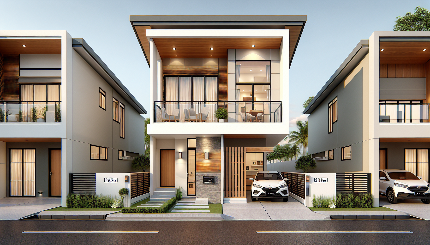 A modern two-story house with a flat slanted roof and a spacious end to end balcony.

Frontage is 6.25 meters only. Building & lot size is 20 meters x 6.25 meters.

Left & right side exterior walls are firewalls and extended to the slightly above the roof by 0.40 meters.

Left & right side of the structure are one story house neighbors

The roof slope shall start high in the front and goes down @ the rear. No attic or clerestory needed.  

The house exterior combines cream-colored walls, a section of horizontal wood cladding on the upper front facade, and a natural stone accent around the main door. 

The house interiors have white plastered wall.

The balcony has a glass railing and a wooden ceiling with recessed lights and a ceiling fan. 

The ground floor features a wide solid wood front door and two narrow windows on each side. 

In front of the house, there’s a black metal and wood slatted gate enclosing a 6.25 meter carport with two cars inside (one white and one red). 

There is a sidewalk with a 2 persons walking and a parked white SUV nearby. 

The surroundings include a well-maintained green lawn with large leafy trees and a clear blue sky with light clouds. 

In the background, there are several neighboring houses with a suburban neighborhood feel.
