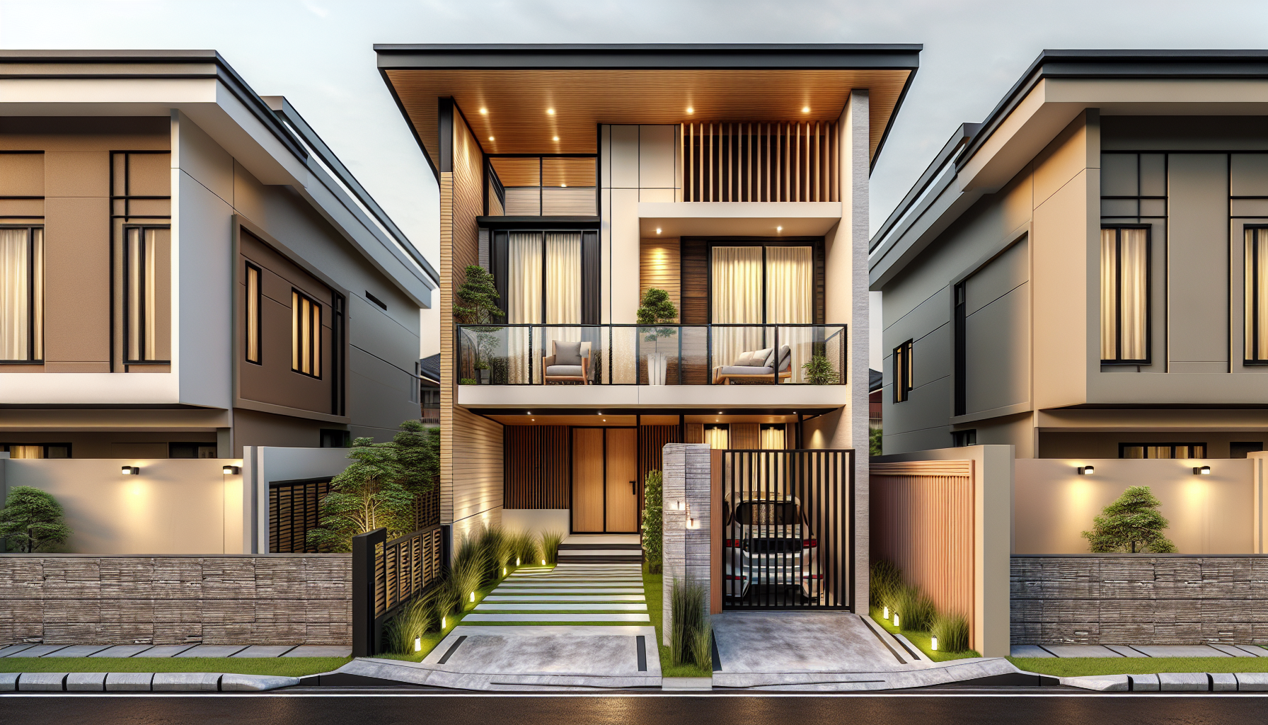 A modern two-story house with a flat slanted roof and a spacious end to end balcony.

Frontage is 6.25 meters only. Building & lot size is 20 meters x 6.25 meters.

Left & right side exterior walls are firewalls and extended to the slightly above the roof by 0.40 meters.

Left & right side of the structure are one-story house neighbors. No space in between both sides.

The roof slope shall start high in the front and goes down @ the rear. No attic or clerestory needed.  

The house exterior combines cream-colored walls, a section of horizontal wood cladding on the upper front facade, and a natural stone accent around the main door. 

The house interiors have white plastered wall.

The balcony has a glass railing and a wooden ceiling with recessed lights and a ceiling fan. 

The ground floor features a wide solid wood front door and two narrow windows on each side. 

There’s a black metal and wood slatted gate enclosing a 6.25 meter carport with two cars inside (one white and one red)In front of the house. 

There is a sidewalk with a 2 persons walking and a parked white SUV nearby. 

The surroundings include a well-maintained green lawn with large leafy trees and a clear blue sky with light clouds. 

In the background, there are several neighboring houses with a suburban neighborhood feel.