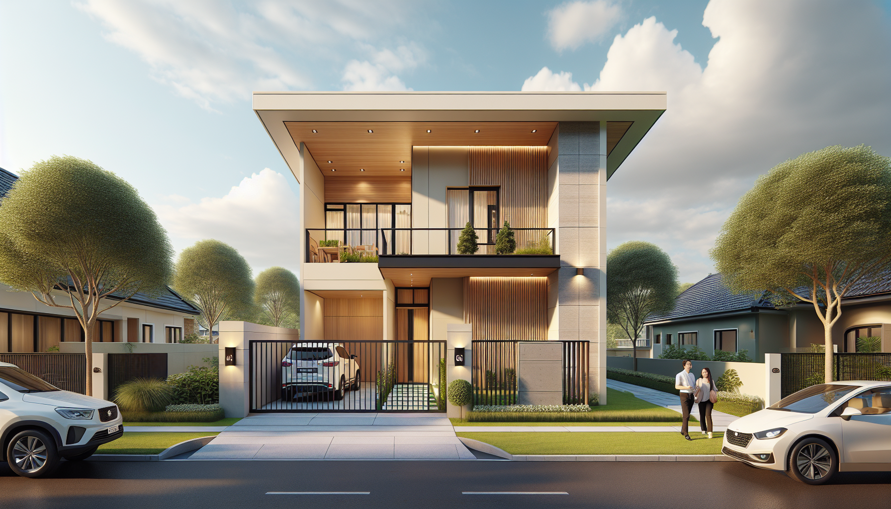 A modern two-story house with a flat slanted roof and a spacious end to end balcony.

Frontage is 6.25 meters only. Building & lot size is 20 meters x 6.25 meters.

Left & right side exterior walls are the boundary and extended to the slightly above the roof by 0.40 meters.

Left & right side of the structure leans one-story house neighbors. No space in between both sides.

The roof slope shall start high in the front and goes down @ the rear. No attic or clerestory needed.  

The house exterior combines cream-colored walls, a section of horizontal wood cladding on the upper front facade, and a natural stone accent around the main door. 

The house interiors have white plastered wall.

The balcony has a glass railing and a wooden ceiling with recessed lights and a ceiling fan. 

The ground floor features a wide solid wood front door and two narrow windows on each side. 

There’s a black metal and wood slatted gate enclosing a 6.25 meter carport with two cars inside in front of the house. 

The surroundings include a well-maintained green lawn with large leafy trees and a clear blue sky with light clouds. 

in the foreground, There is a sidewalk with a 2 persons walking and a parked white SUV nearby.