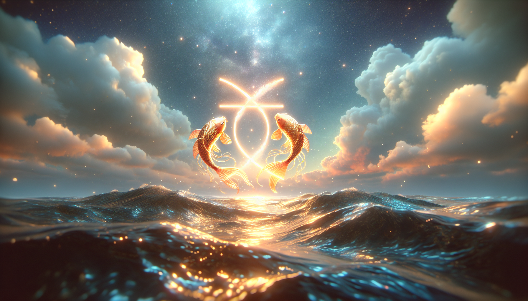 Two golden koi fish swimming in a figure-eight around a glowing Pisces glyph, suspended above ocean waves under a dreamlike sky, muted colors with soft light flares, 9:16, cinematic realism
