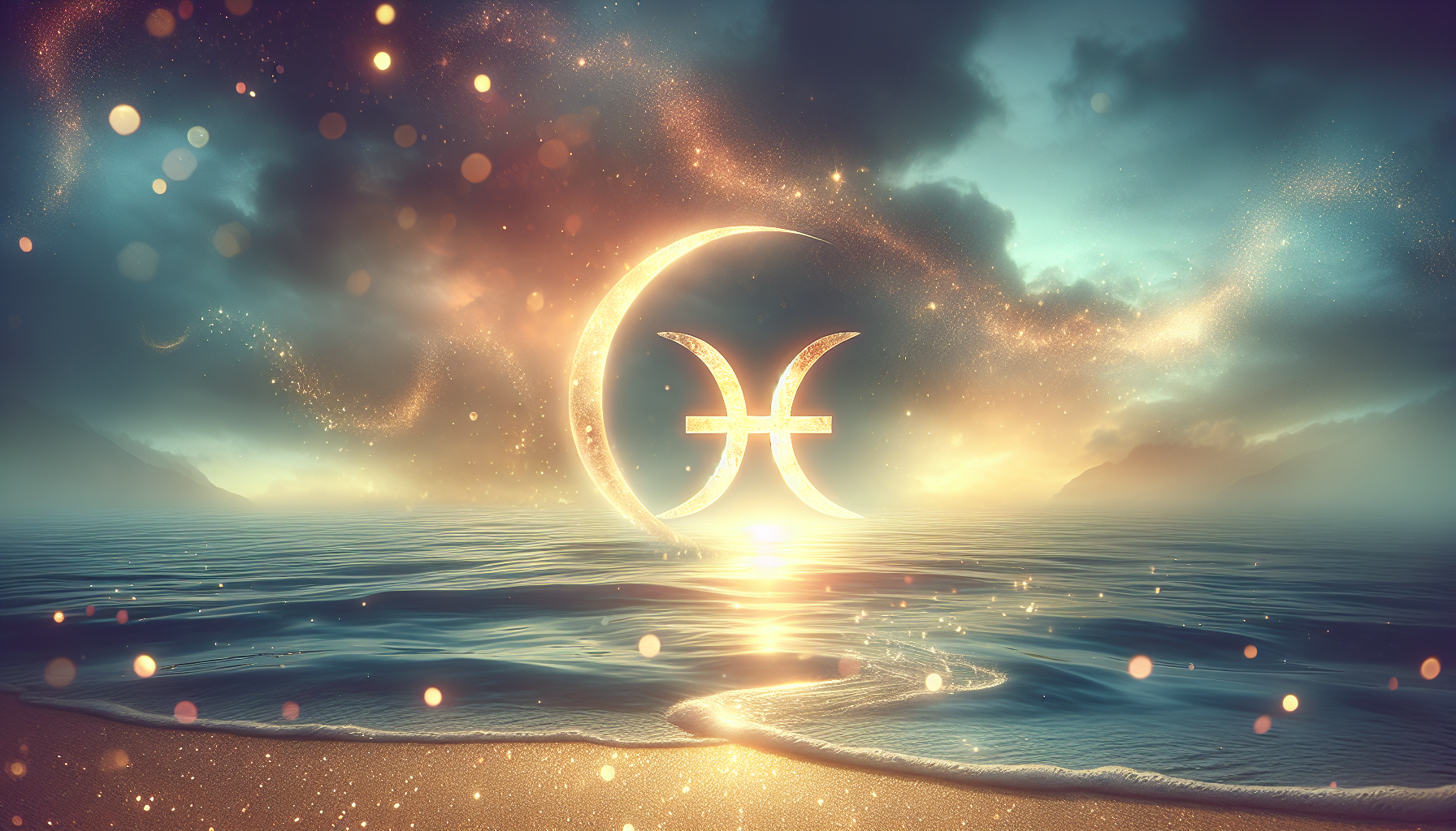 A crescent moon reflected in a still water surface, forming the Pisces glyph in golden light, surrounded by sparkling sand and soft ocean mist, dreamy and magical, 9:16 portrait