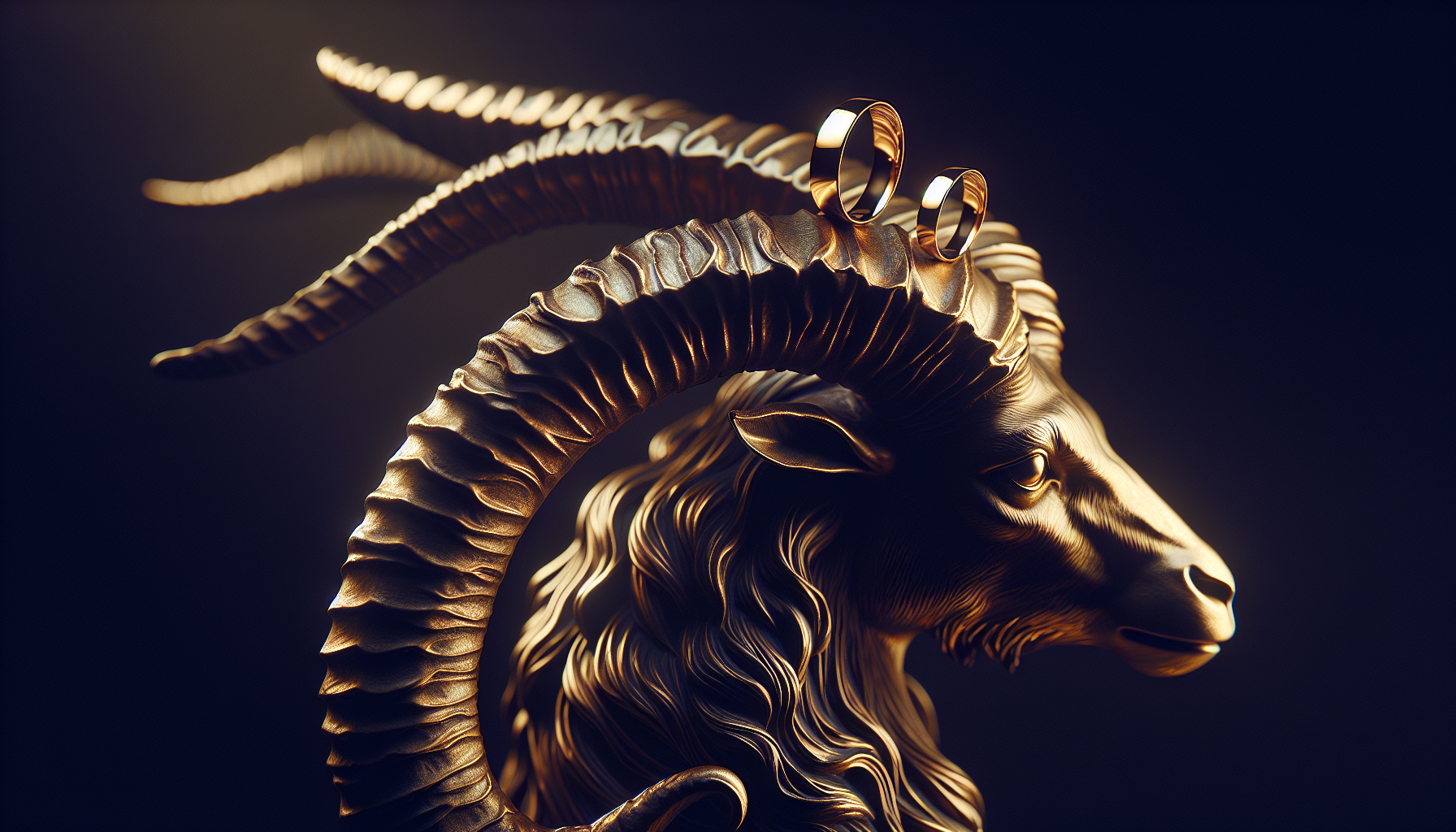 A pair of golden rings balanced on the horns of a carved Capricorn statue, shadows dancing across the surface, romantic and powerful visual, 9:16, deep mood lighting