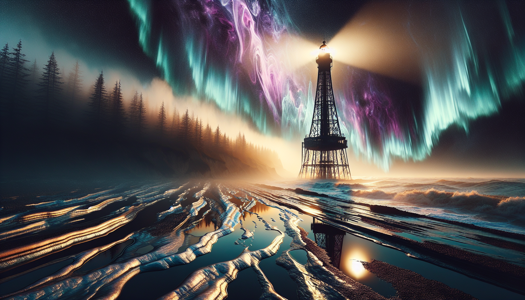 A monumental lighthouse emerges from a fog -covered chalk forest, its rusty steel structure reflected in enclosure water and oil layers that flow as black mercury. The scene, captured in a raw photorealism of 8K, shows a chopped ocean with waves carved to visible brushstrokes of imposto oil, where each crest shines with iridescent foam under a dramatic natural license light. Heaven is a mixture of science fiction and mystical: stratospheric clouds dyed nuclear purple are tangled with geometric northern lights. The details are so sharp that the edges of the lighthouse seem to cut the air, intensified by hyperrealistic shadows that reveal oxide, saltpeter and moss phosphorescent textures. In the foreground, oil puddles reflect a distorted chalk forest, creating a fractured reality effect. The lighthouse light crosses the fog like a laser, illuminating suspended particles that shine like stars dust.