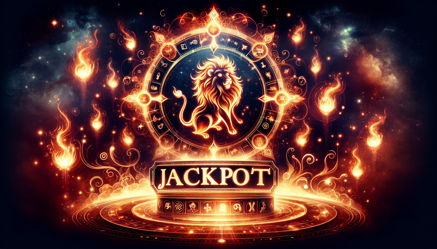 Leo zodiac constellation in fiery orange above a shining jackpot sign, surrounded by cosmic flames and fortune symbols, dark celestial sky backdrop