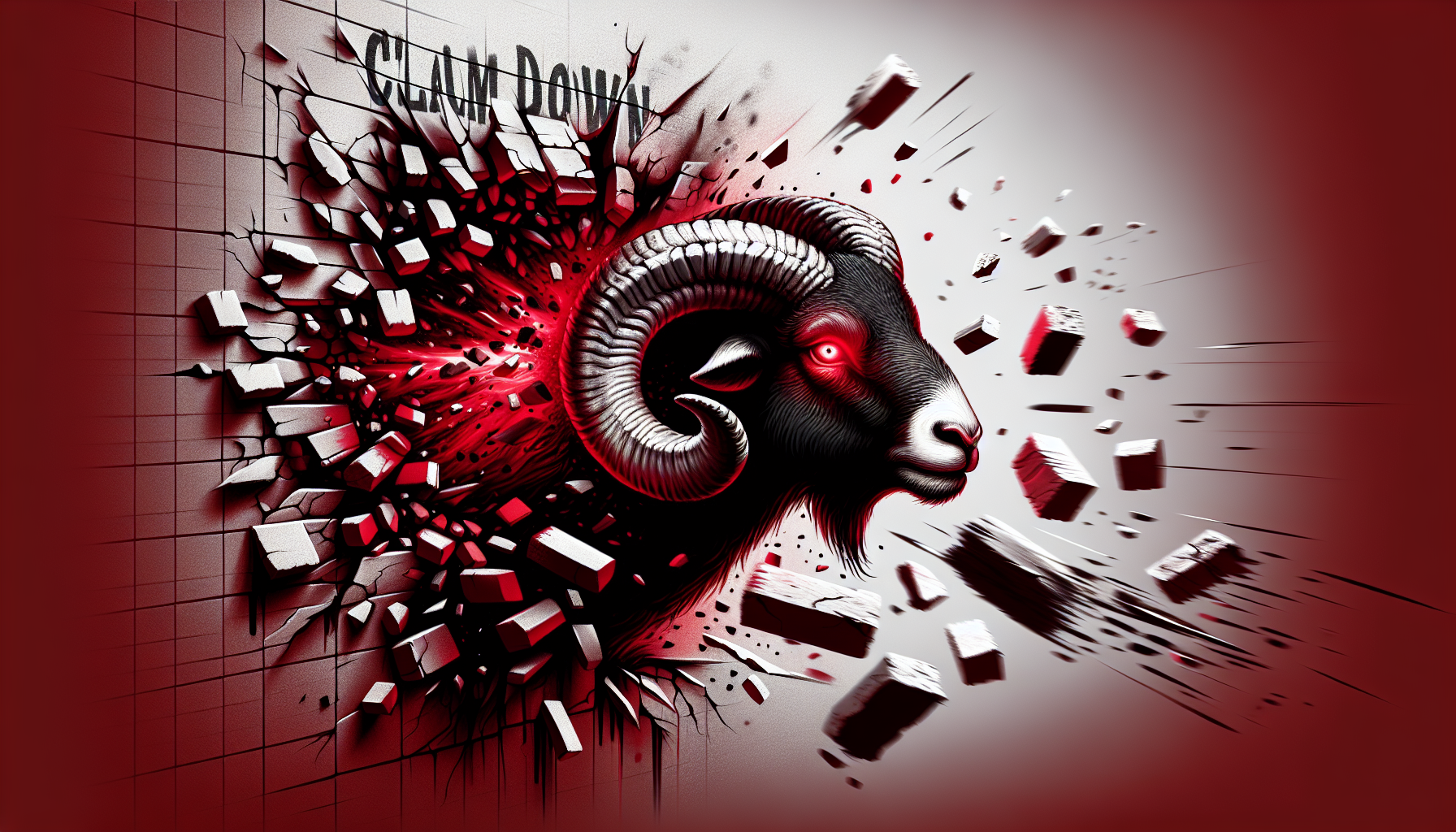 A ram (Aries animal) with glowing red eyes charging through a wall with 'Calm Down' graffiti, shattered bricks flying in the air, intense crimson and charcoal theme