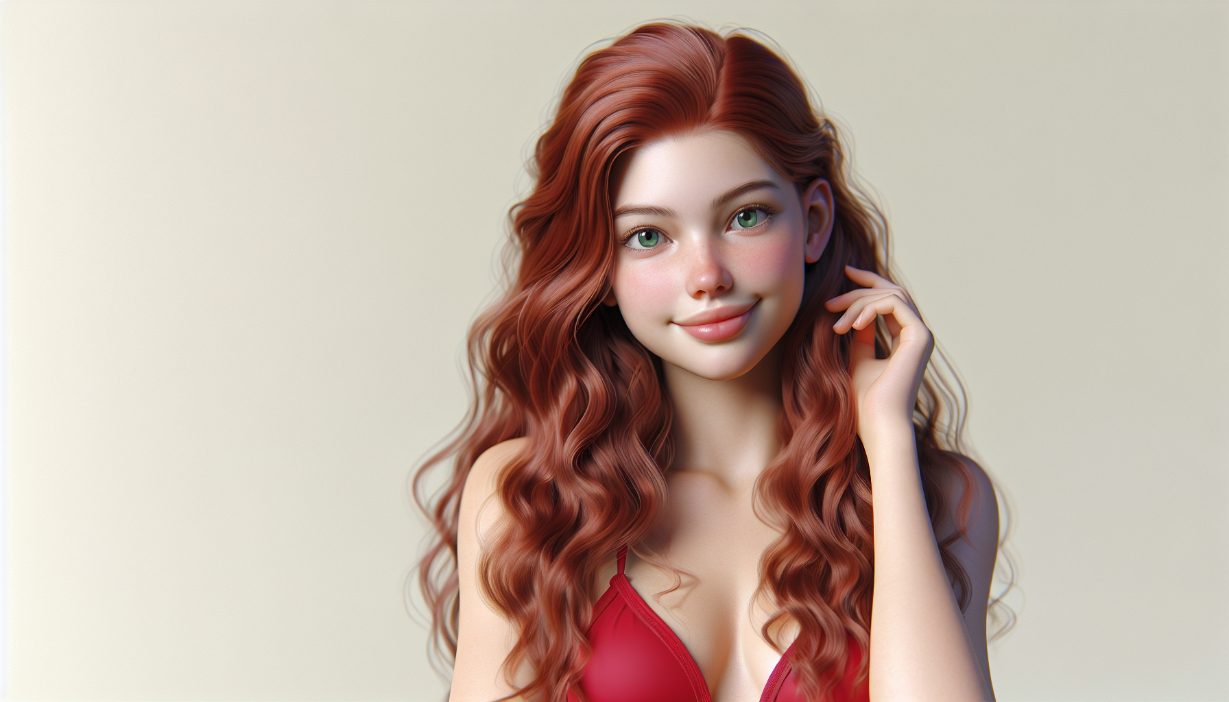 Uma mulher ruiva, 18 anos, pele clara, olhos verdes, cabelos longos e ondulados, com expressão doce e meiga, usando um biquíni vermelho moderno, sorrindo de forma fofa, de lado, com as duas mãos no cabelo, fundo neutro, fotografia de alta qualidade, estilo realista