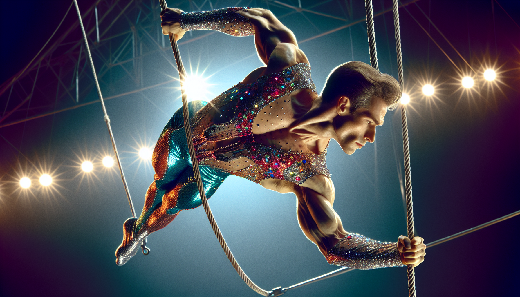 Cirque du Solei trapeze artist male, forward bend, from the side, forward swing



