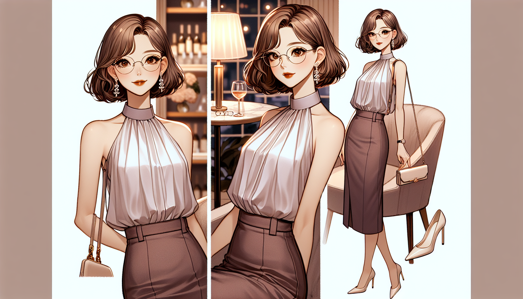 A woman in her late twenties with a calm, elegant, and slightly alluring vibe. She has short, slightly wavy brown hair, warm brown eyes, and wears round glasses. Her figure is well-defined and curvy (B90 W61 H88), about 159cm tall. She is wearing a sleeveless mock neck blouse with shoulder coverage (not a halter neck), tucked into a high-waisted long pencil skirt with a subtle side slit. The blouse is elegant, lightweight, and summer-appropriate. She accessorizes with a delicate butterfly-shaped earring or ear cuff, nude pointed-toe pumps, and a small clutch bag. The setting is an intimate wine party in an upscale lounge with soft warm lighting and a romantic mood. The art style is classy 2D anime with warm pastel tones and soft shadows.
