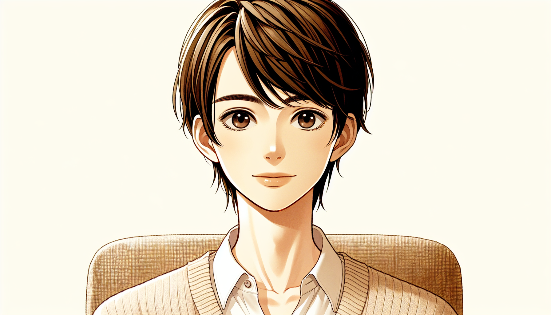 A young Japanese man, about 24 years old, about 172~173cm tall, slim build with narrow shoulders and a delicate waist (wave body type). He has a soft, elegant narrow oval face with a gentle chin, slightly drooping round eyes with clear tear bags, naturally big round eyes, thin but defined upper lip, and high cheekbones that softly stand out when he smiles. His hair is warm dark brown, short fluffy straight mash cut with slightly long nape and separated hair strands (no curls, no waves). He wears a neat light knit or shirt and a small fine chain necklace (no earrings, no hoodie). His expression is calm, slightly mischievous but sweet, mature and warm.

Style: soft anime illustration, clean lines, gentle shading, soft warm lighting, 2.5D anime style, mature and friendly mood.

Negative prompt: realistic photo, hyper-realistic, old man, muscular build, curls, wavy hair, gray hair, black hair, blonde hair, heavy makeup, sharp fox-like eyes, sharp chin, cross necklace, earrings, flashy accessories, hoodie, horror, chibi, scary.