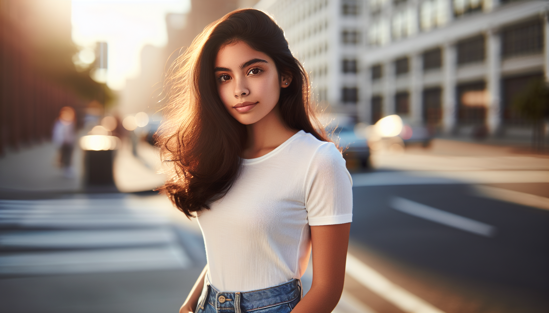 “Ultra-realistic high-resolution photo of a young woman (around 25 years old) standing in natural sunlight, soft warm glow on her face, wearing casual modern clothes (white t-shirt, blue jeans), background is a blurred urban cityscape. Detailed skin texture, natural hair movement from a light breeze, shallow depth of field, professional DSLR photography quality