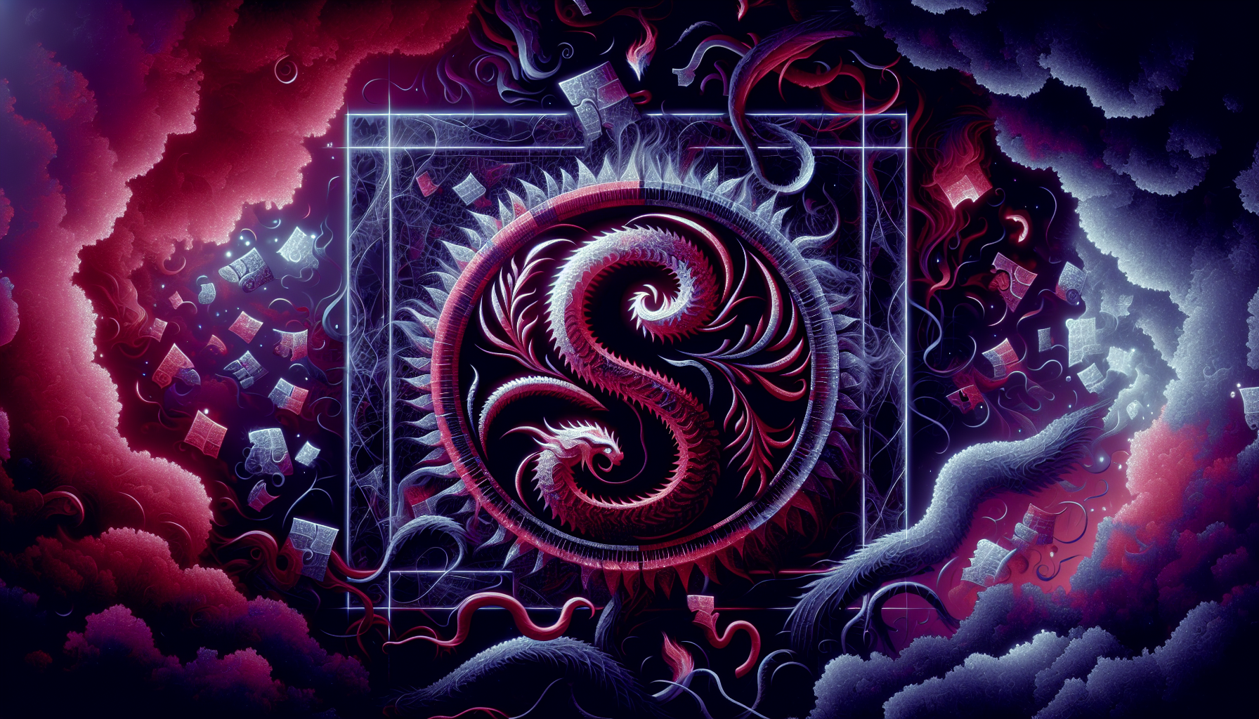 Scorpio symbol glowing deep crimson, surrounded by shadows and snakes, text fragments of unread messages floating like ashes, icy violet background