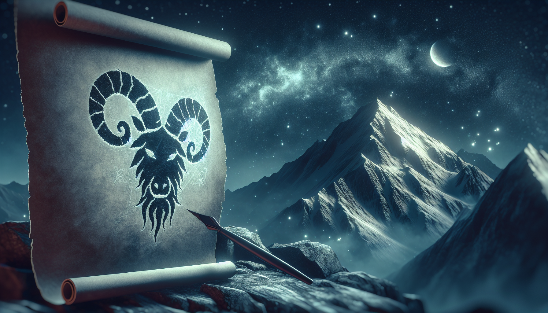 Capricorn symbol carved in stone, sitting atop a quiet mountain, with a scroll marked ‘strategy’ unfolding beneath it, cold wind and starry sky around, muted dark gray and icy blue tones