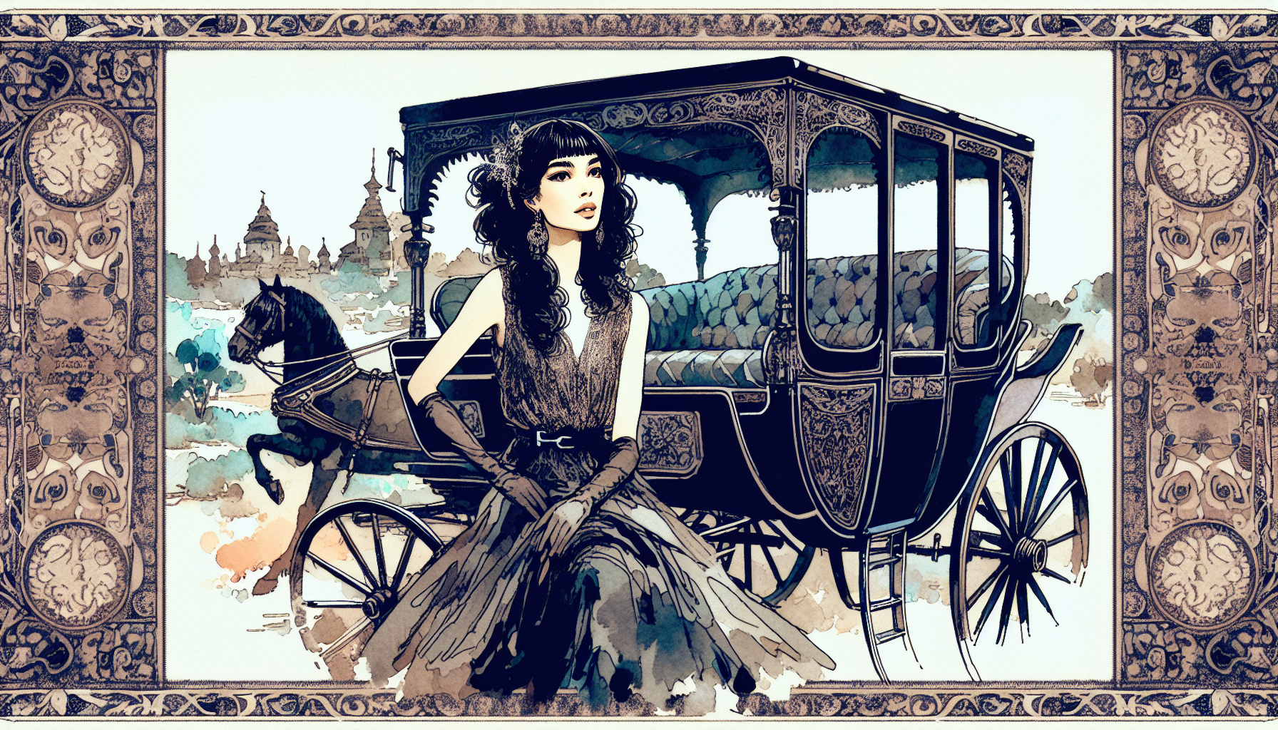 Generate a photo of a woman in full height, fine figured, long dark hair, full lips, positioned in a coach with a mini dress