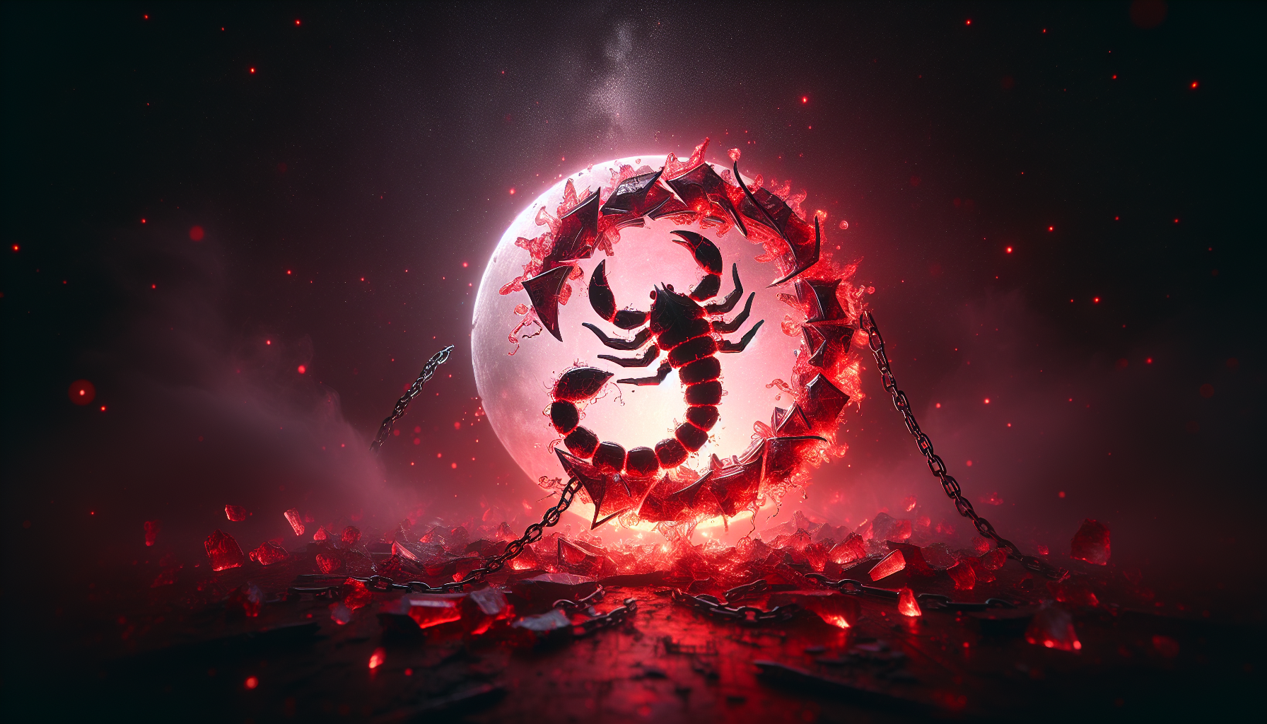 Scorpio zodiac symbol formed out of glowing red venom, surrounded by broken chains and a blood moon, set against a smoky black background with lightning bolts flashing behind