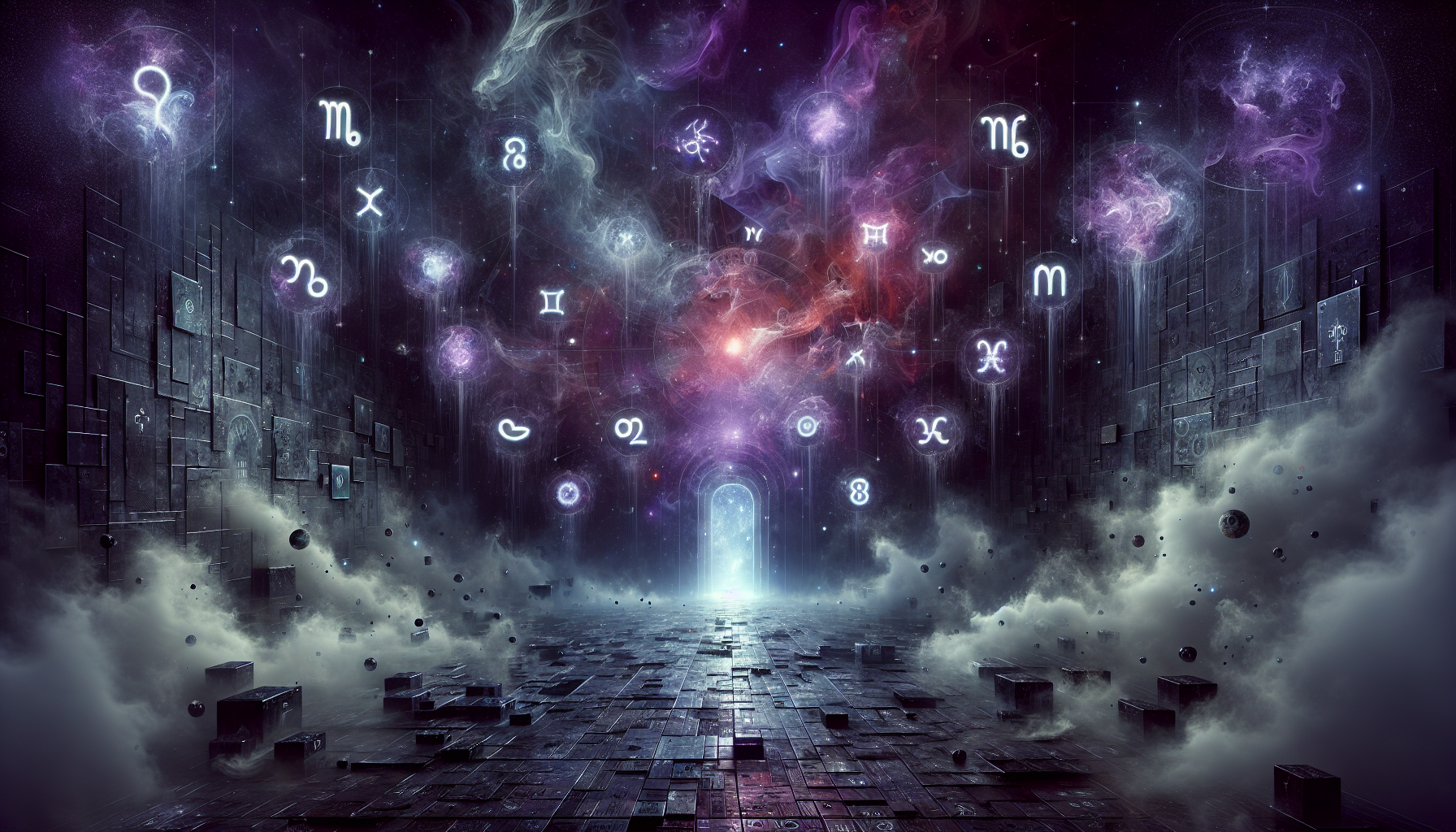 A foggy cosmic hallway with 12 glowing zodiac signs fading one by one into mist, only text floating in center saying 'Which Signs Ghost Hardest?', dark purple and grey background with broken message icons