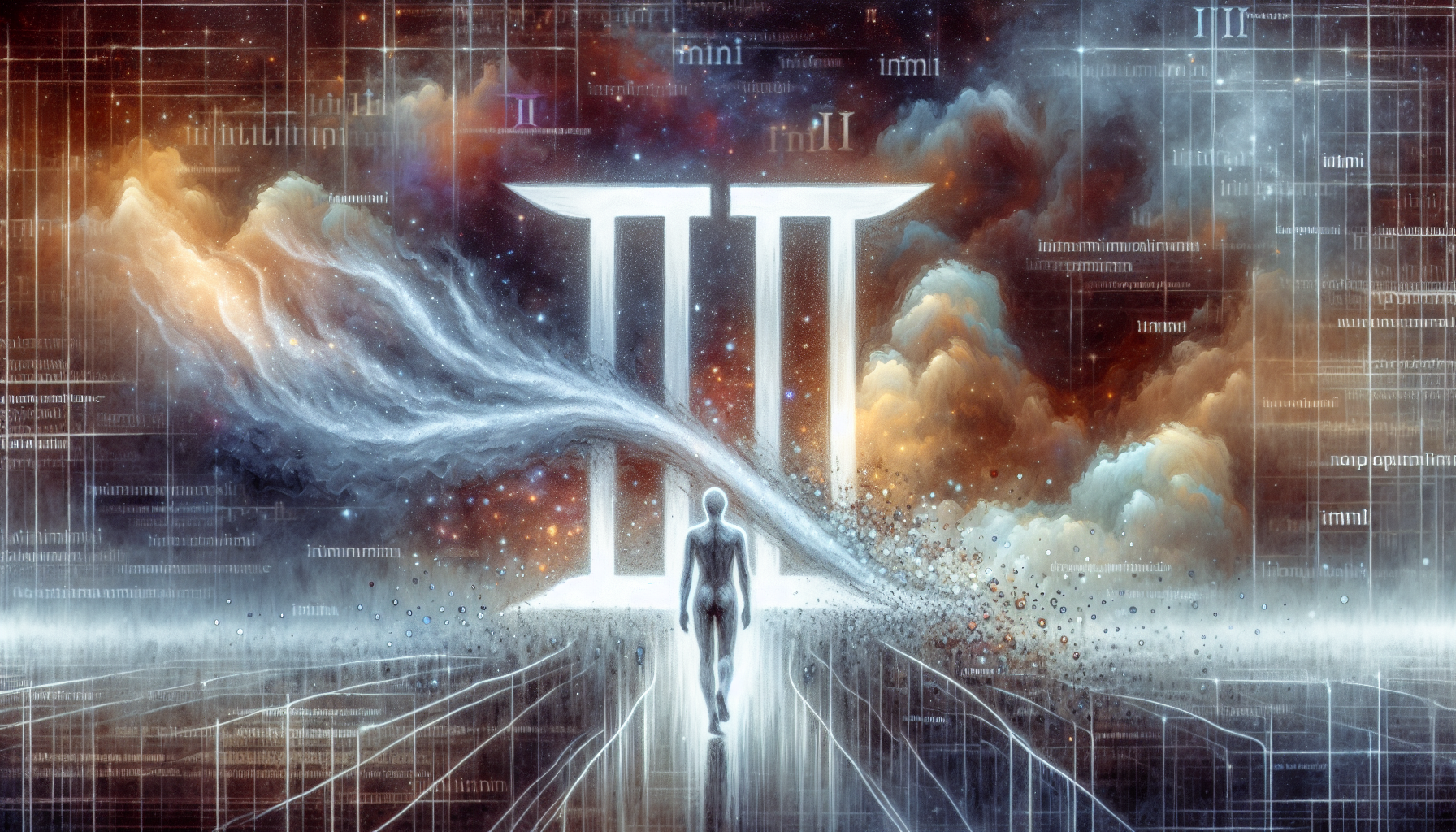 "Gemini symbol splitting in two, one half walking away into fog, while the other stares back briefly before fading, surrounded by floating thought bubbles and glitching texts