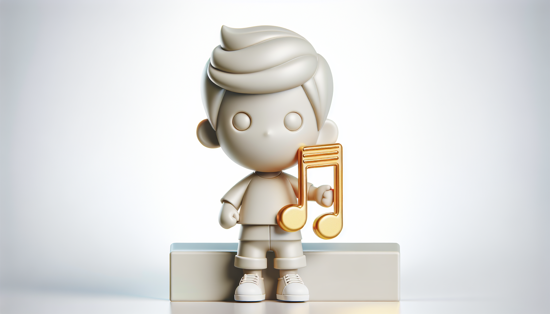 Niño de juguete. Es de plástico rígido y sostiene una nota musical cromada dorada en su mano. Muy tierno. Fondo blanco. 