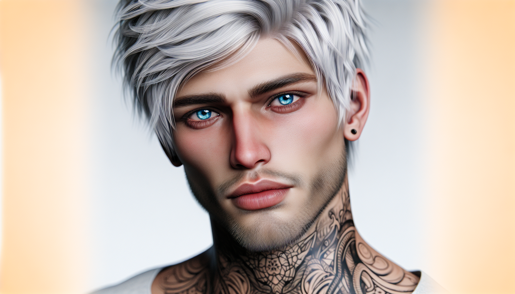 Man with white hair, blue eyes, white skin, young and masculine features, with tattoos, and attractive