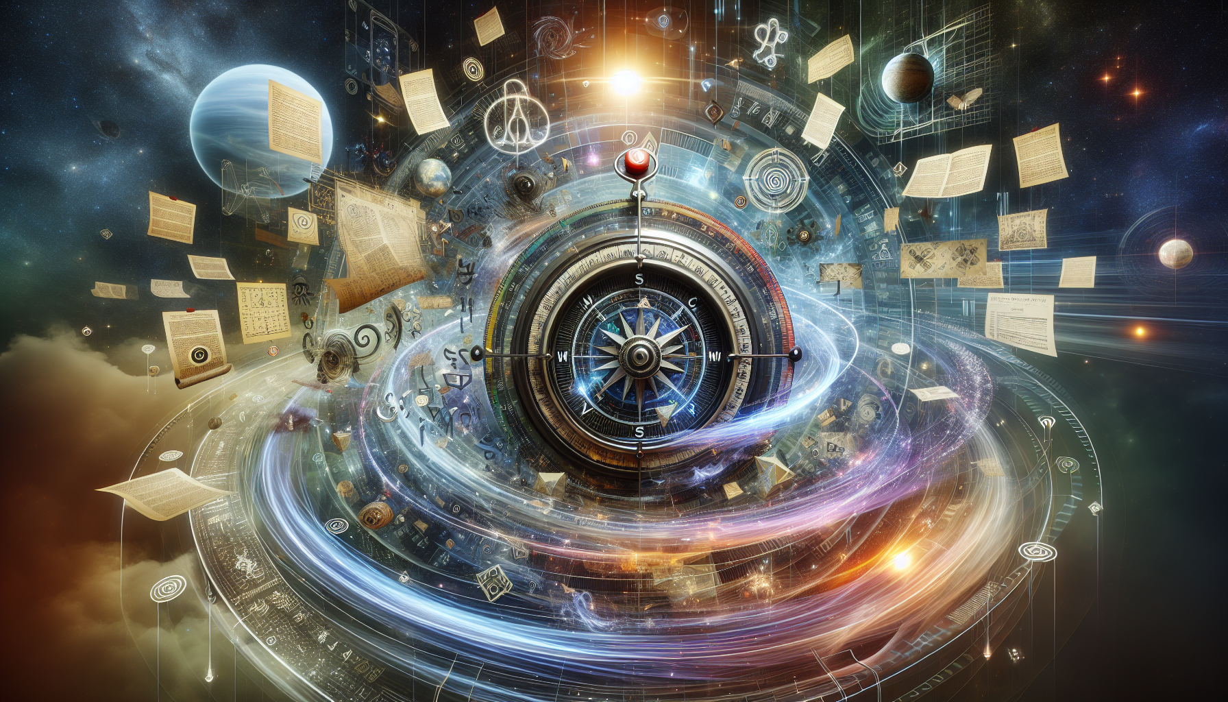A digital compass turning wildly as Gemini glyphs hover above, Uranus glowing in the sky, paper letters, tech screens, and signals flying around in a spiral of information