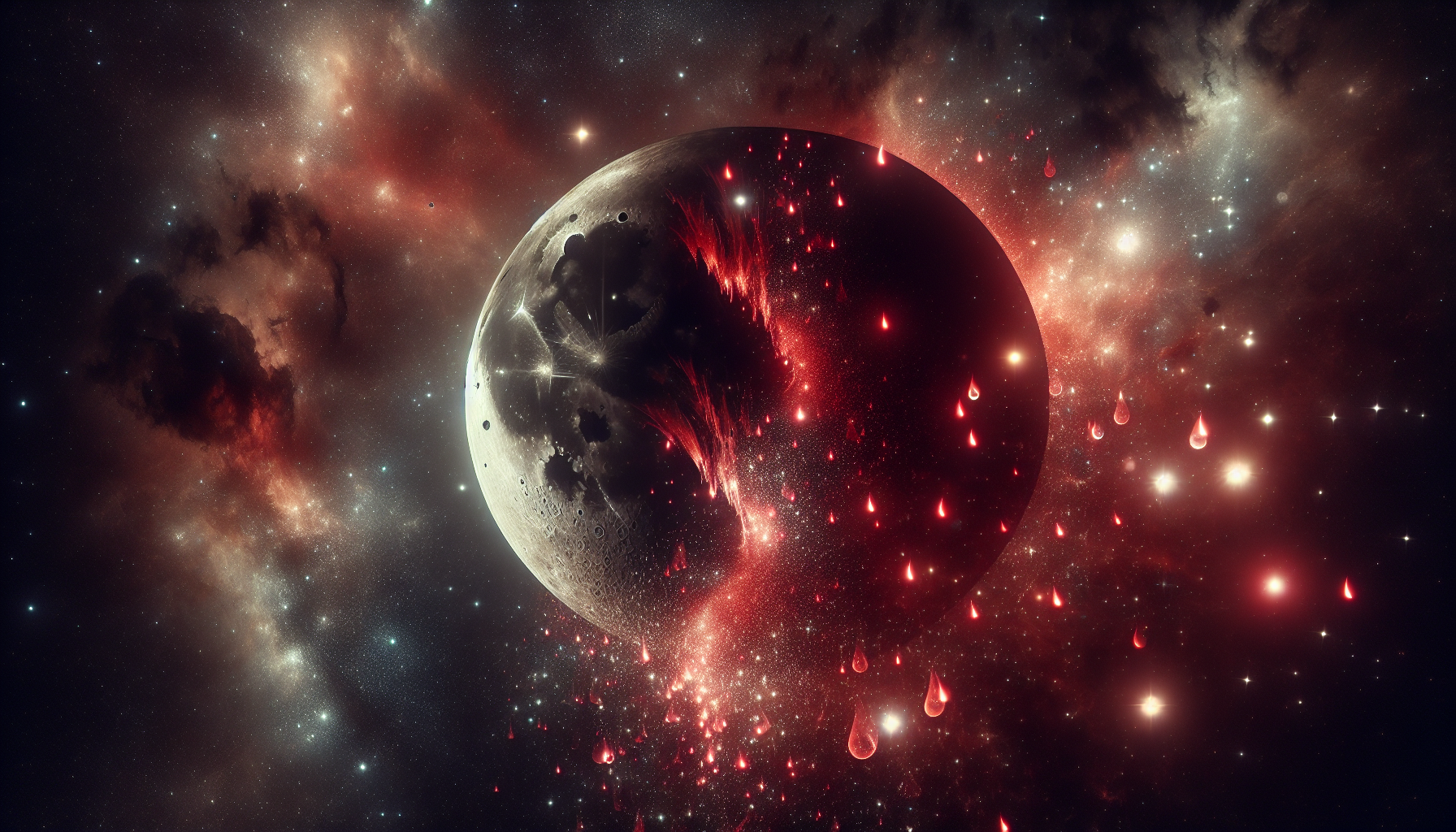 Aries constellation cracking apart and reforming under a lunar eclipse, red tear-shaped stars falling from the sky, background of a silent, surreal space