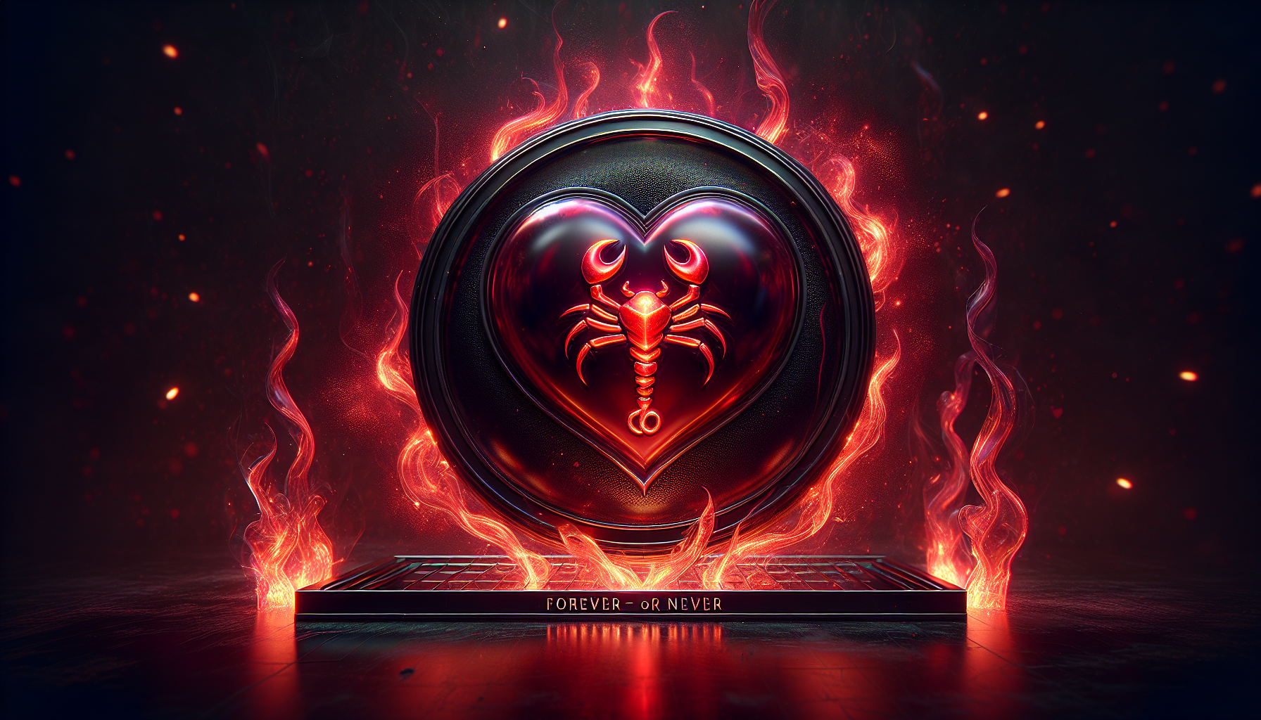 Scorpio glyph glowing inside a deep crimson heart encased in protective black glass, surrounded by intense flames of passion and the words 'forever or never' etched in space