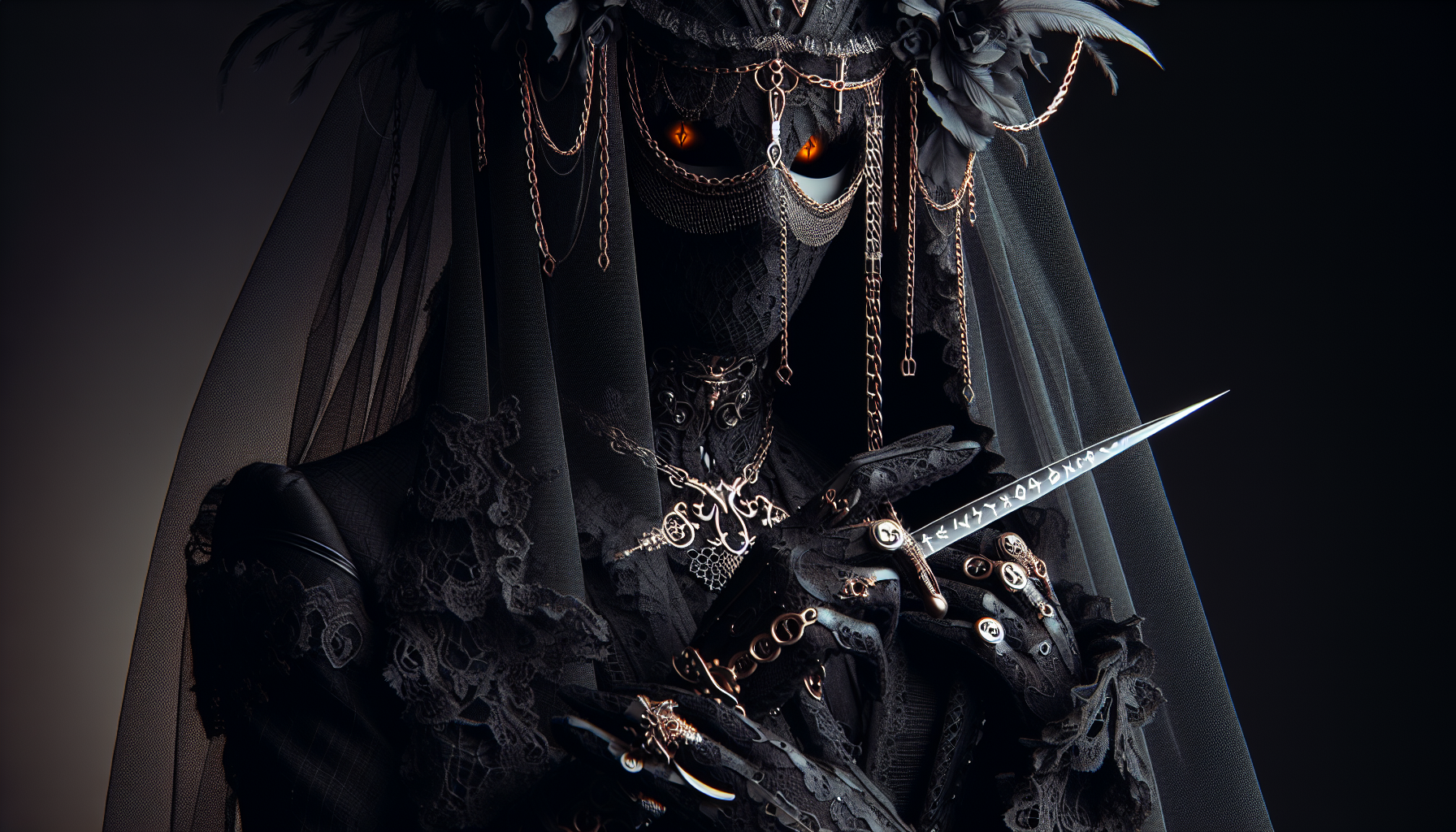 A haunting figure in black Gothic wedding attire with a dramatic veil, chains dangling from the headpiece. Piercing orange eyes glow through the translucent veil. Intricate lace and dark fabrics create an eerie elegance. Baroque-inspired details on cuffs and neckline. Holding a rapier with cryptic runes.