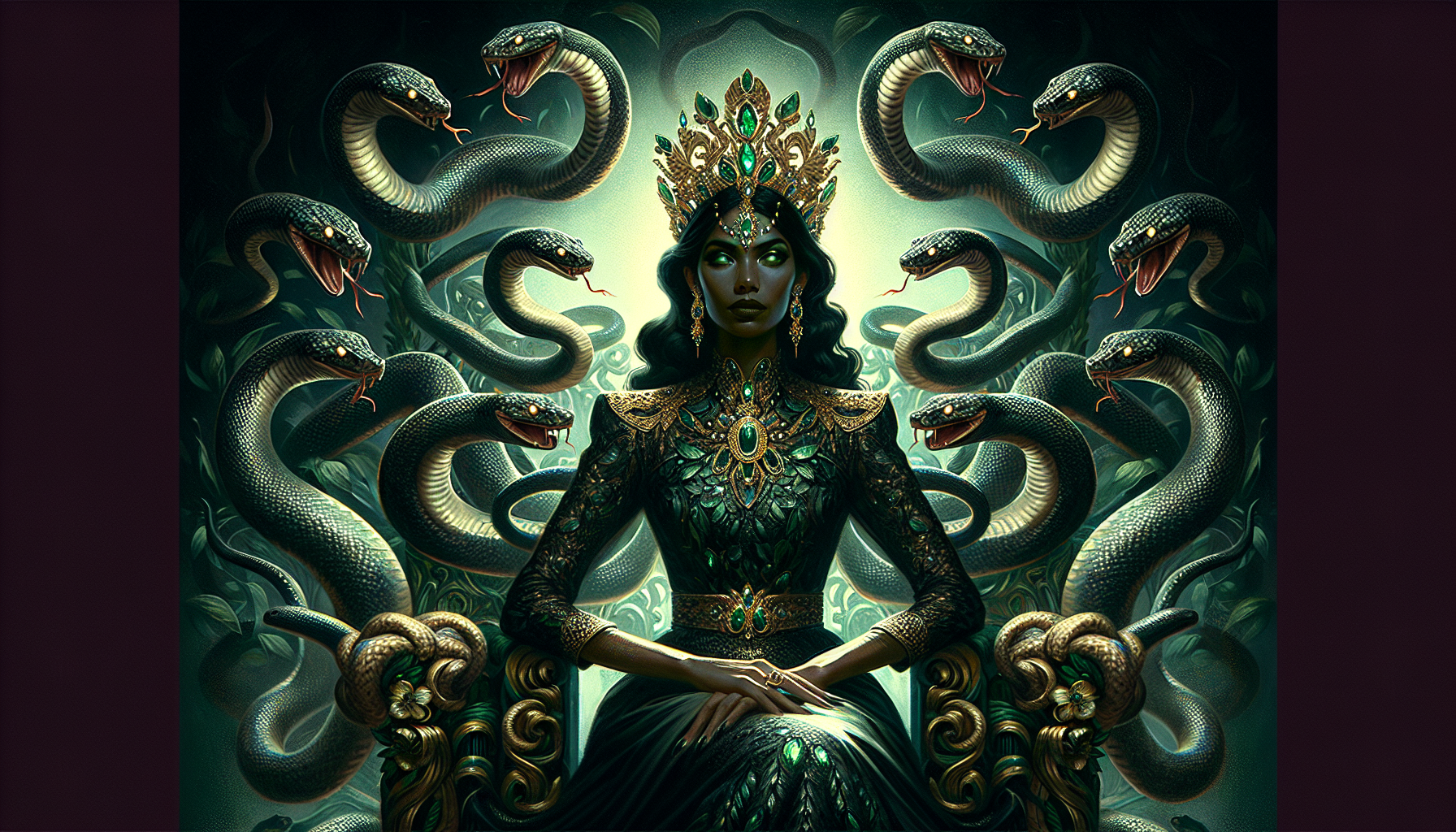 A hyper-realistic, fantasy-style painting in the style of Boris Vallejo. A dramatic digital painting of a voluptuous woman sitting on a throne made of intertwined serpents. Her figure is commanding yet graceful, with her posture exuding confidence and dominance. She wears a crown adorned with jewels and serpentine motifs, and her body is covered in intricate scales that shimmer in the dim, mysterious light surrounding her. Long, dark hair flows down her back like a cascade of silk, merging with the coils of the serpents around her. Her eyes glow with an inner fire, conveying both wisdom and a sense of danger. The serpents, some with their heads raised, create dynamic swirling patterns around her, adding to the sense of power and mystique. The color palette is dark and rich, with deep emerald greens, gold accents, and touches of midnight black, creating an atmosphere of regal mystery. The lighting is dramatic, casting shadows that emphasize the curves of her body and the sinuous movement of the serpents. The background is a swirling vortex of deep reds and purples illuminated by warm, fractured orange light peeking through stormy clouds, creating a desolate and eerily beautiful, otherworldly atmosphere. The composition evokes eternal power, unity of spirit, and mythic elegance. Ultra-detailed, glowing highlights, muscular anatomy, fantasy realism, Vallejo oil painting style, divine presence, goddess archetype, spirit animal, 3D render, Cinematic, Photo, Poster, Dark fantasy, HDR, 18k Render