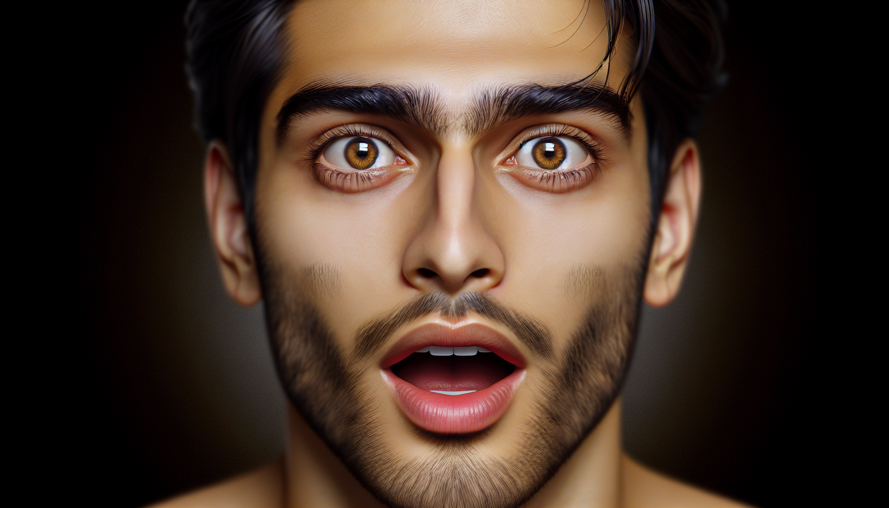 A young 25 years old white most handsome model looking person. Use a wide-eyed, open-mouthed expression to show shock or surprise. This universal reaction grabs attention instantly and signals something shocking (e.g., discovering a scam). Ensure the face is fully visible and well-lit, with the eyes and mouth as the focal points. A clear, relatable face (e.g., a young adult) that increases emotional connection. The head could be slightly tilted or turned toward the camera, with hands near the face (e.g., covering the mouth or framing the eyes) to enhance the dramatic effect. Use high-contrast lighting (e.g., bright face against a darker background) and bold colors (e.g., red or yellow accents around the eyes) to make the image pop on small screens. Image should be ultra realistic and full face with body. 