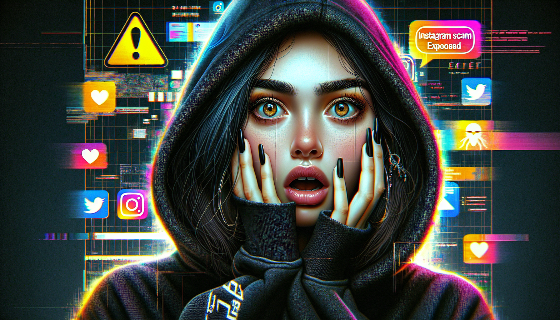 A highly detailed digital artwork of a young adult with a shocked expression, wide-open eyes, and mouth agape, hands framing their face, looking directly at the camera. The person wears a black hoodie with a faint digital grid pattern, slightly oversized for a trendy look. The background features a vibrant mix of social media icons (including an Instagram logo) and glitch effects, with a dark gradient (navy blue to black) to keep focus on the face. Add a bold yellow text overlay 'INSTAGRAM SCAM EXPOSED ⚠️' with a black outline at the top, and include a yellow warning sign emoji (⚠️) next to the text. Use high-contrast lighting with a spotlight effect on the face, and enhance the eyes with a subtle glow. Cinematic style, 4K resolution, realistic yet slightly surreal tone. Cinematic and realistic style, 4k resolution, 16:9 aspect ratio, dark background with yellow and white accents. This prompt should generate an image that aligns with vision, maximizing visual. 