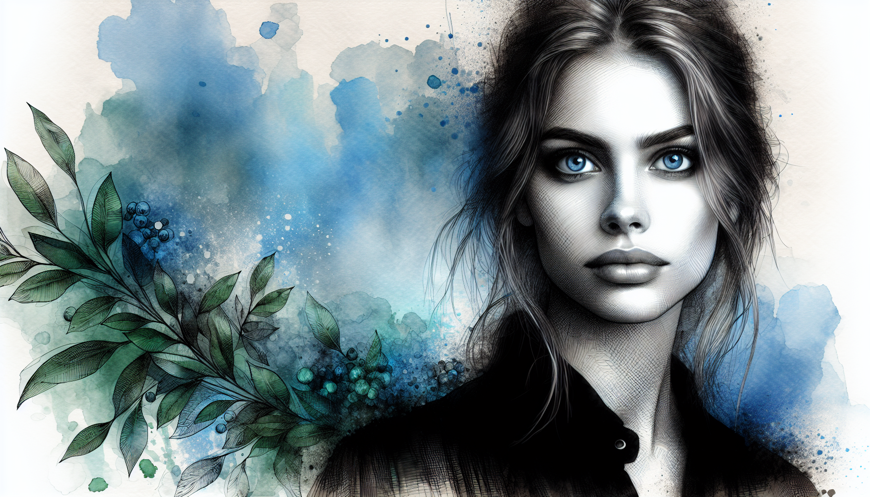 A beautiful woman, looking at us with deep blue eyes, wears a black blouse. background is blue and turquoise shaded watercolor effect and a few green leaves ramdomly.