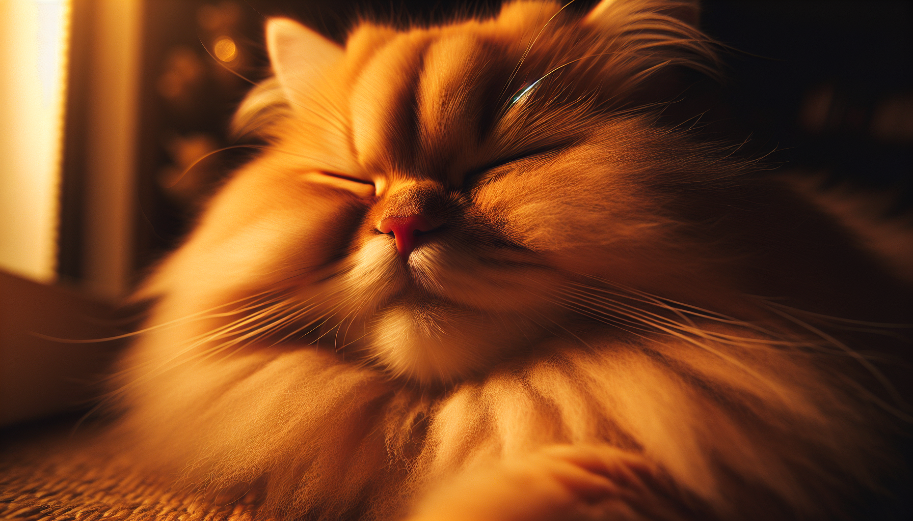 Close-up of a fluffy orange cat purring with eyes half closed, warm cozy lighting