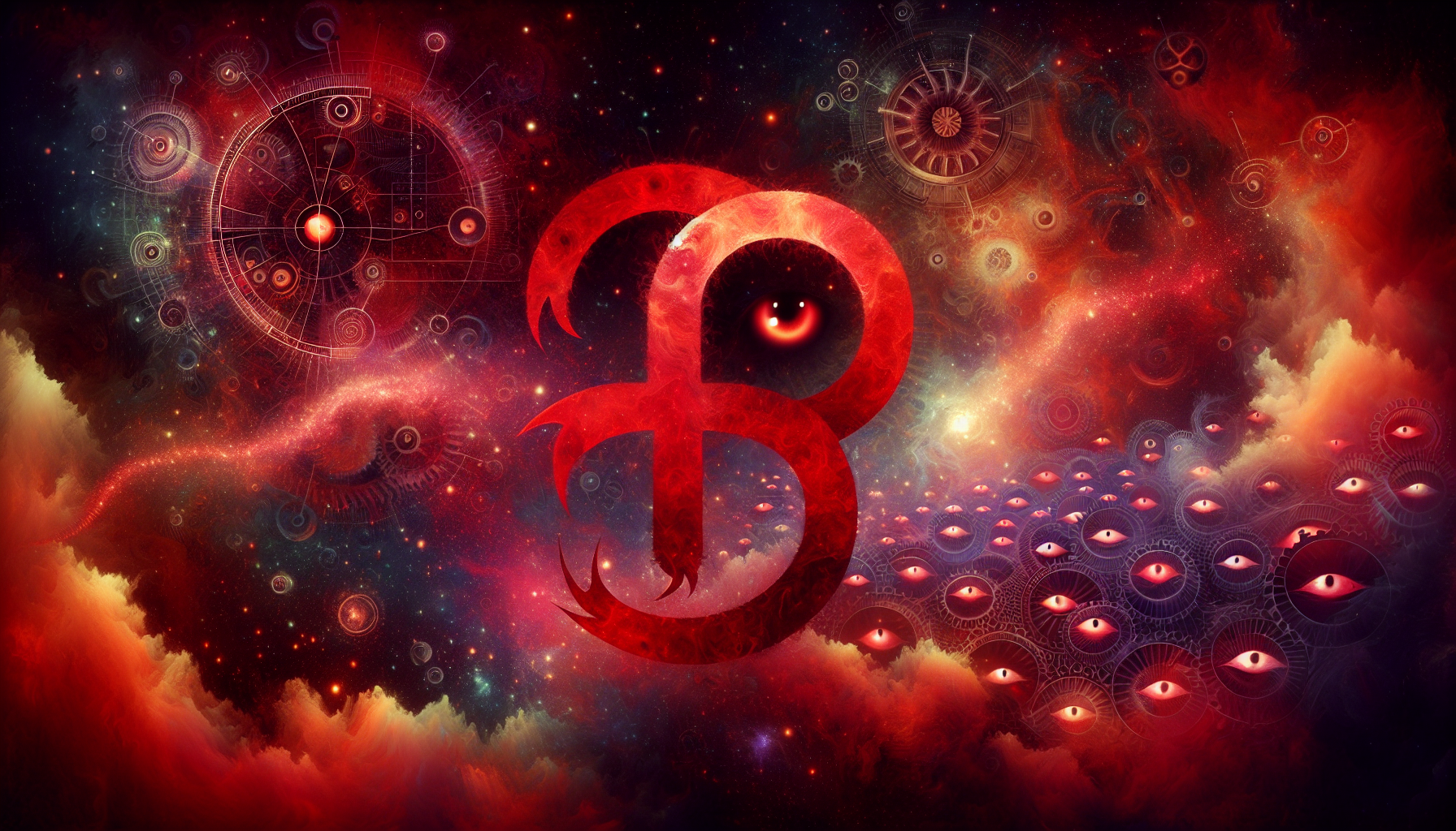 Scorpio symbol glowing in deep red, surrounded by eyes in the shadows and rotating cosmic gears, with a swirling nebula shaped like a brain behind it — symbolizing hidden intelligence and strategy