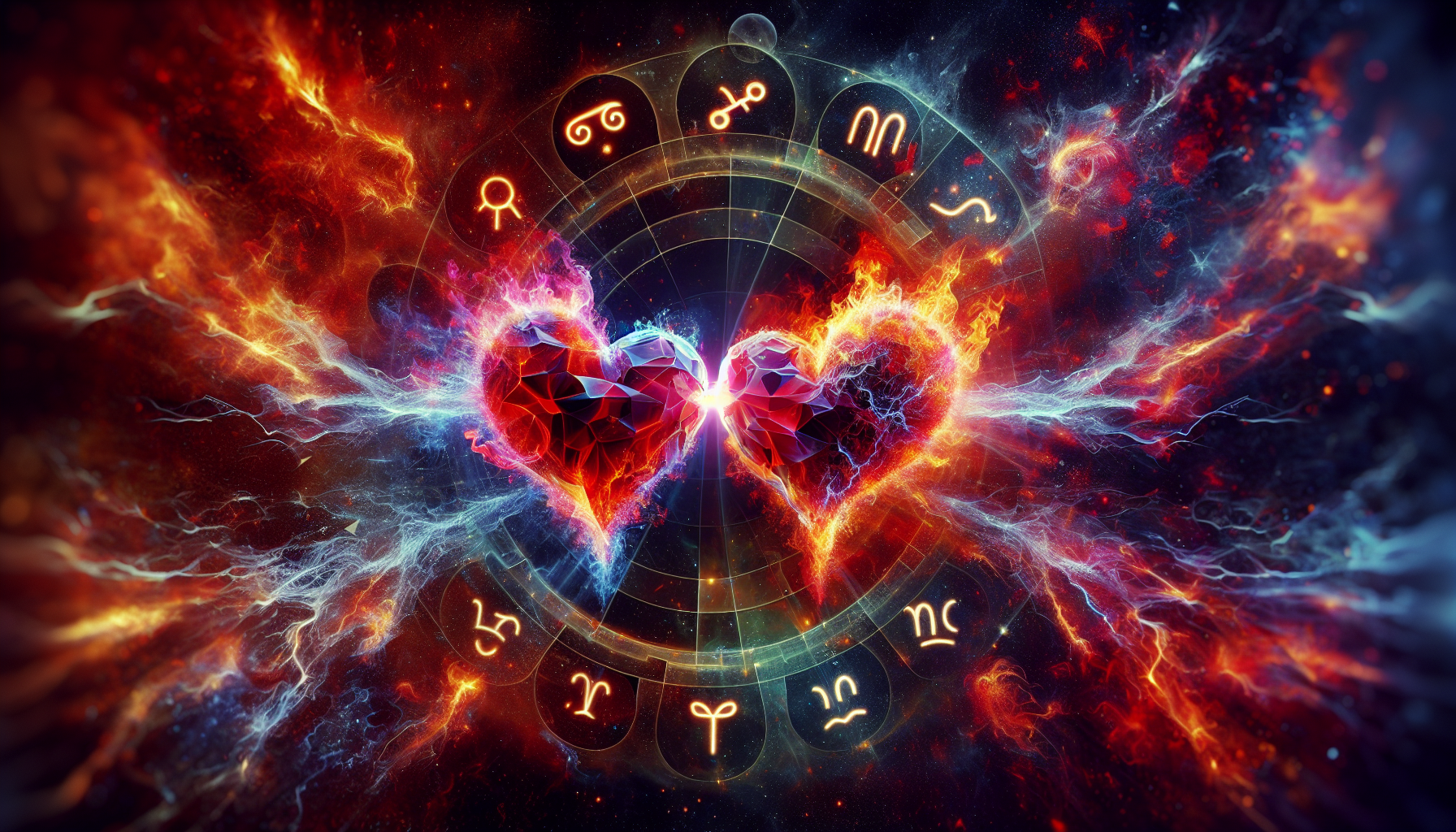 Two celestial hearts made of fire and glass crashing into each other, surrounded by zodiac signs in chaos, with Aries, Cancer, Leo, Scorpio, and Gemini-Virgo highlighted in red, glowing cosmic fractures in space