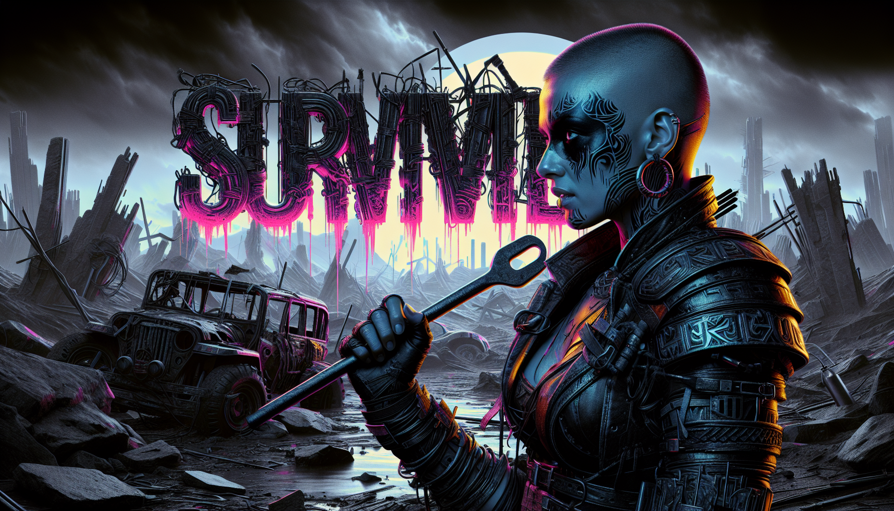 Savage neon-noir comic art in raw Shawn Martinbrough style — deep black shadows, slicing neon, and untamed energy.

A female warrior standing defiantly amidst a desolate, post-apocalyptic radlands landscape. The warrior has a shaved head, adorned with crude metal piercings and tribal-inspired face paint, clad in scavenged leather armor and combat boots, wielding a rusty pipe wrench with determined intensity, suggesting resilience and defiance in a ruined world. Jagged rock formations and rusted vehicle wreckage stretch into the hazy distance under a perpetually overcast sky, illuminated by a harsh, diffused light. Above the warrior, in bold,  explosive 3D graffiti lettering, the words "SURVIVE" are prominently displayed, forged from jagged chrome and wrapped in black fire.