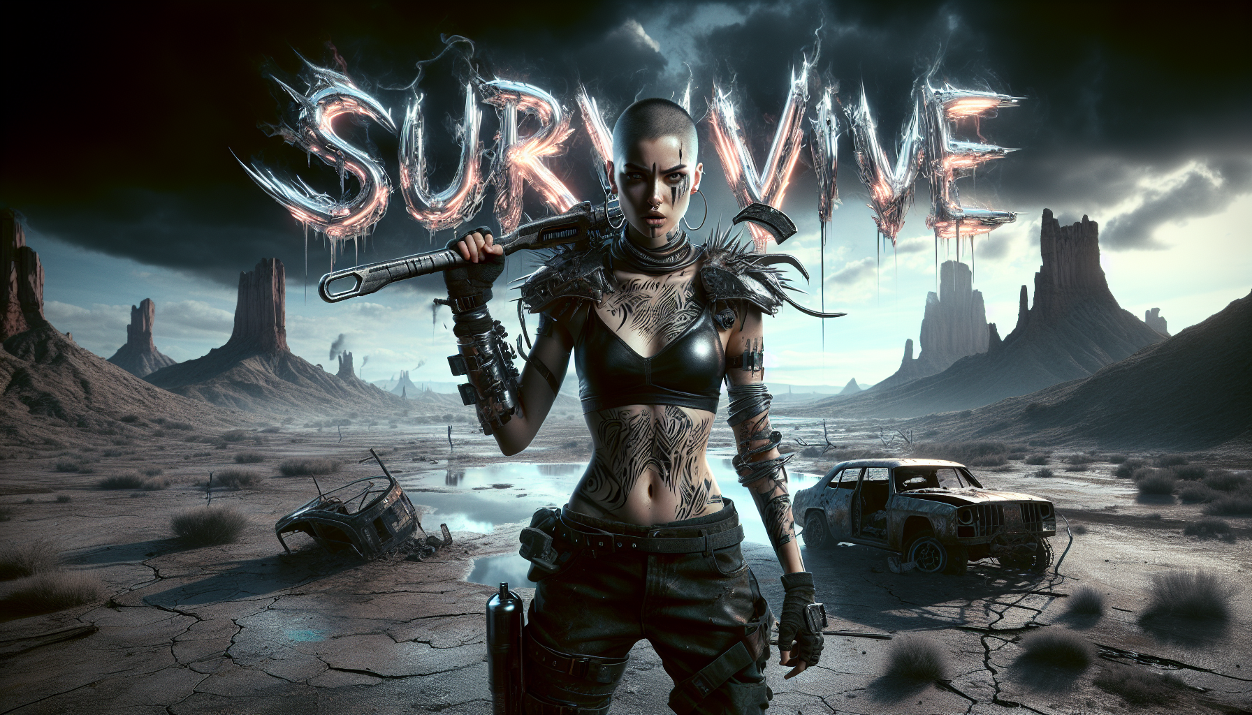 Savage neon-noir comic art in raw Shawn Martinbrough style — deep black shadows, slicing neon, and untamed energy.
A female warrior standing defiantly amidst a desolate, post-apocalyptic badlands landscape. The warrior has a shaved head, adorned with crude metal piercings and tribal-inspired face paint, clad in scavenged leather armor and combat boots, wielding a rusty pipe wrench with determined intensity, suggesting resilience and defiance in a ruined world. Jagged rock formations and rusted vehicle wreckage stretch into the hazy distance under a perpetually overcast sky, illuminated by a harsh, diffused light. Above the warrior, in bold,  explosive 3D graffiti lettering, the words "SURVIVE" are prominently displayed, forged from jagged chrome and wrapped in black fire.