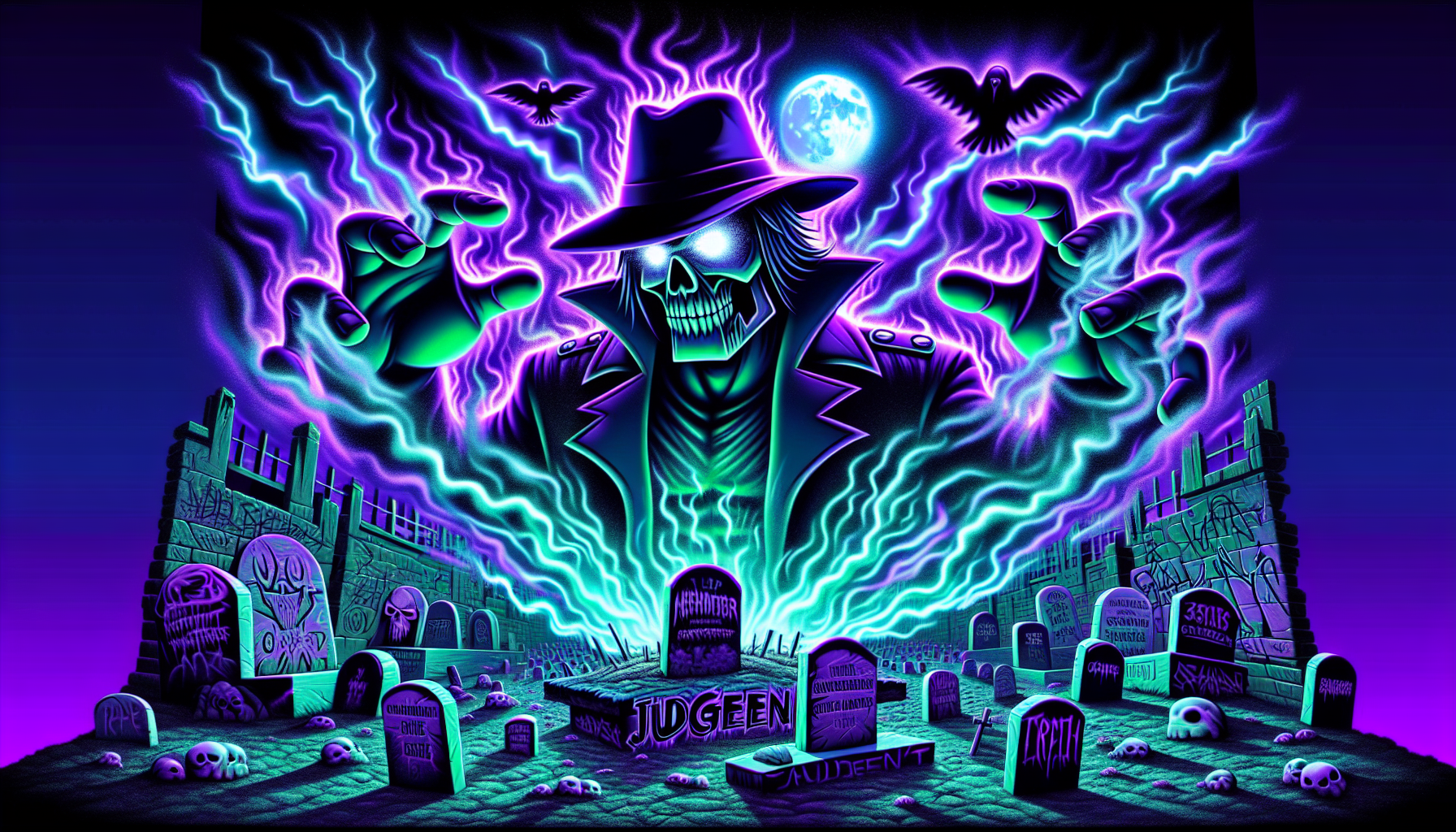 The Undertaker rises in cartoon-stylized glory — towering over a cracked sundial with glowing purple fog swirling around him. His wide-brimmed hat casts a shadow over glowing white eyes, face carved with cold fury. His trench coat flows like black fire, outlined in ghostly blue streaks, as undead lightning cracks behind him.

The background: a haunted graveyard warped by neon — crooked tombstones tagged with skull graffiti, full moon dripping crimson, and skeletal hands clawing up from the ground. Crows made of smoke spiral overhead like dark omens.

Front and center: 3D graffiti word art — “JUDGEENT” in jagged stone letters, wrapped in glowing purple chains, oozing with eerie green mist. The text pulses with horrorcore energy — part ancient, part street art chaos.

Art style: gritty cartoon horror-meets-graffiti nightmare — like Spawn meets spray-can goth.