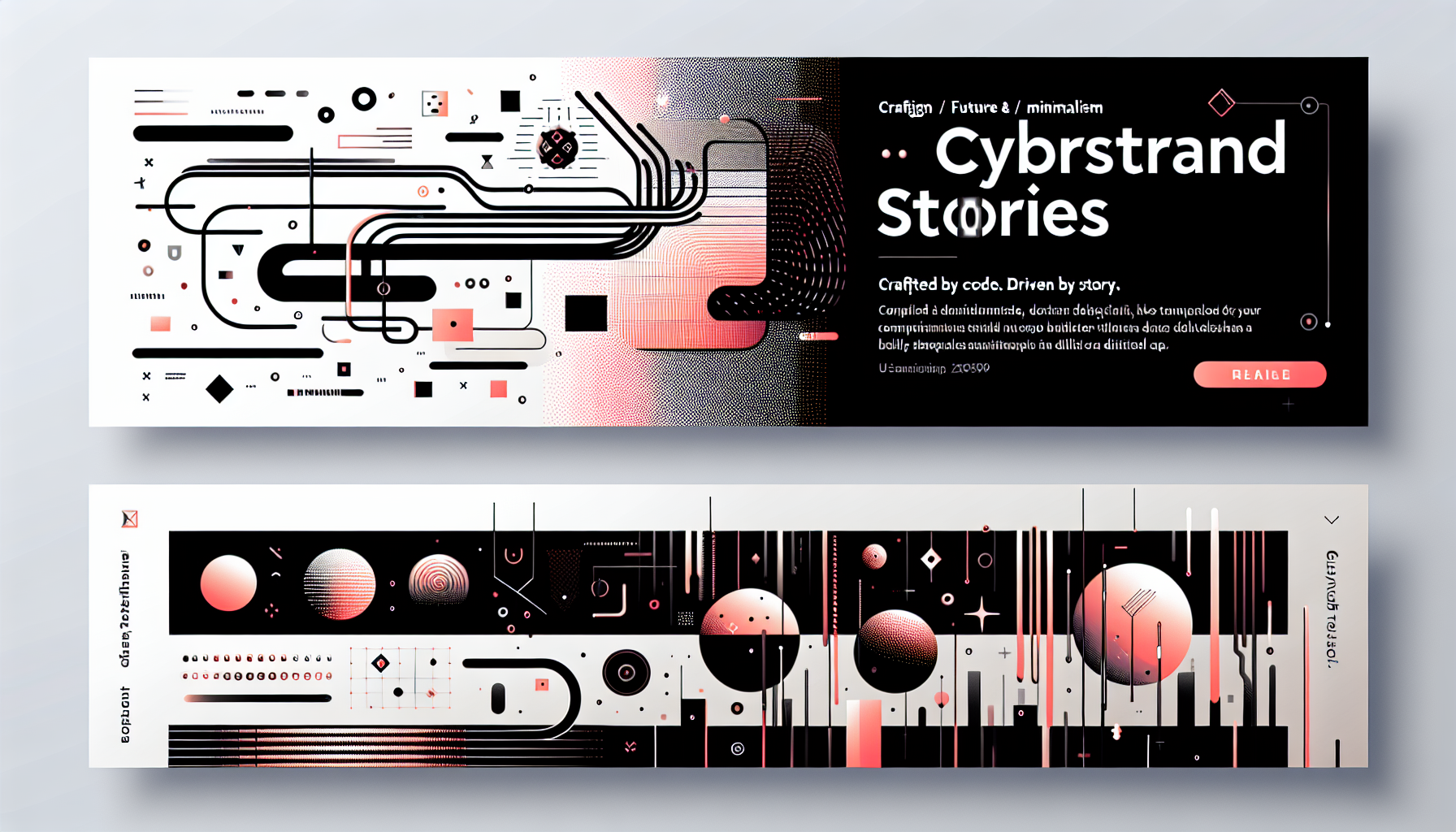 Generate a futuristic-meets-minimalistic banner for CyberStrand Stories. Use a white or soft grey background for a clean aesthetic, with elements in Black, Off Red (#F40000), and Coral Pink (#F4998D). The layout should be asymmetrical, with the name "CyberStrand Stories" in lowercase, spaced-out typography in a thin, modern font. Integrate abstract 2D iconography—floating data strands, pixel fragments, or glitch shapes—in a balanced composition. Apply soft shadows and gradient overlays sparingly. Artistic style: flat-modern with digital editorial flair. Optional vertical tagline on right side: “Crafted by code. Driven by story.”