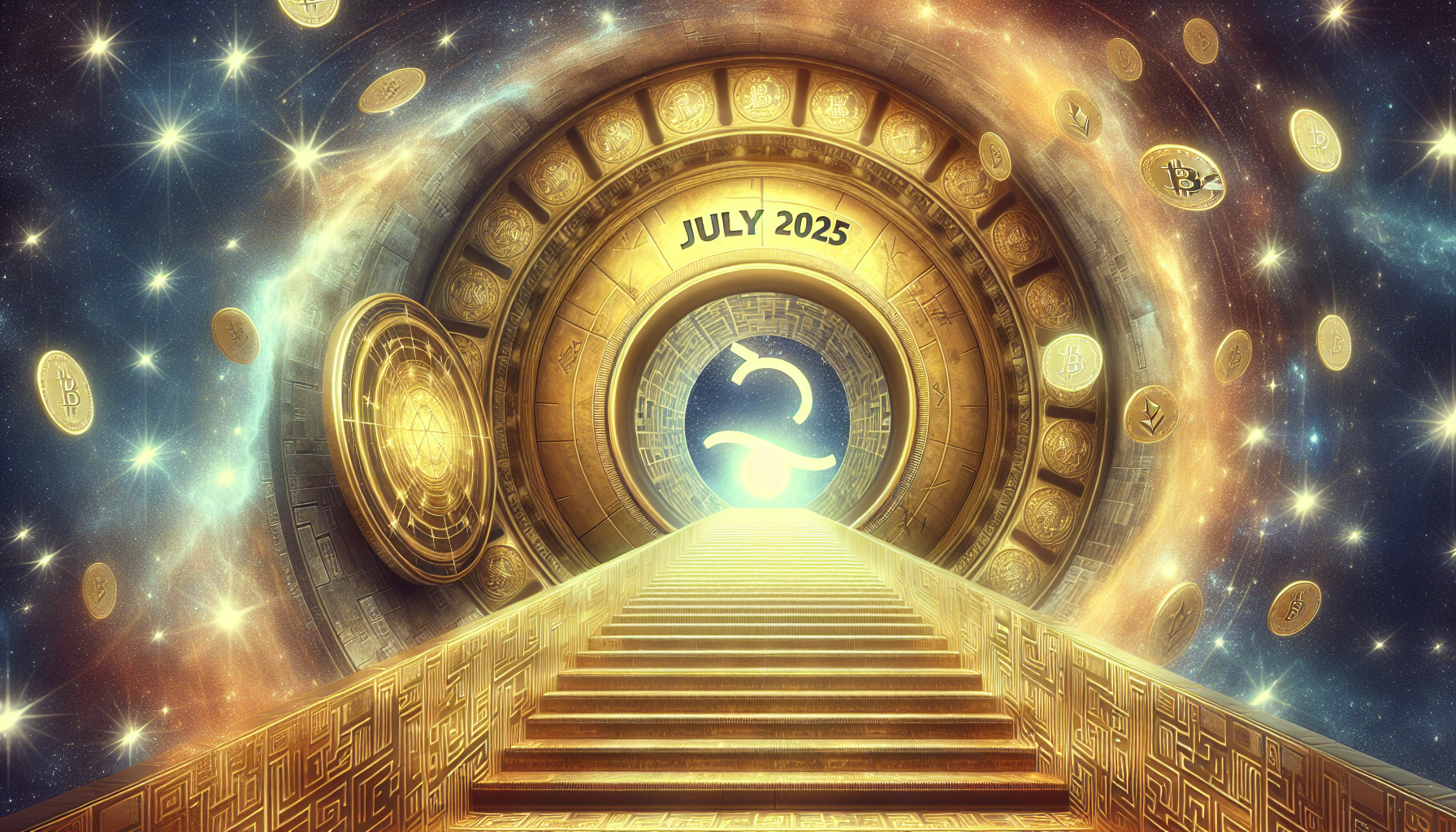 A glowing staircase made of golden stone leading up to a cosmic vault marked 'July 2025', with the Capricorn symbol etched at the top, surrounded by floating stars and digital money patterns