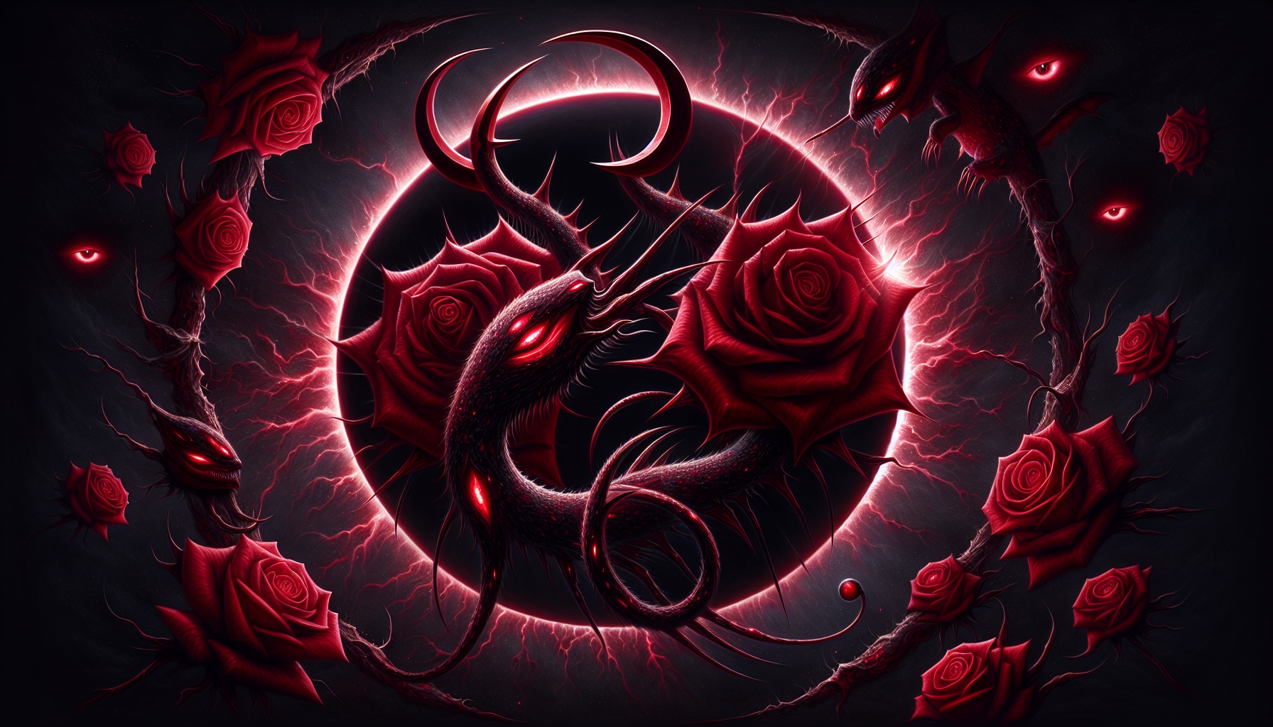 Scorpio symbol emerging from a dark red eclipse, wrapped in roses with sharp thorns, glowing eyes in the shadows, representing love that devours and resurrects