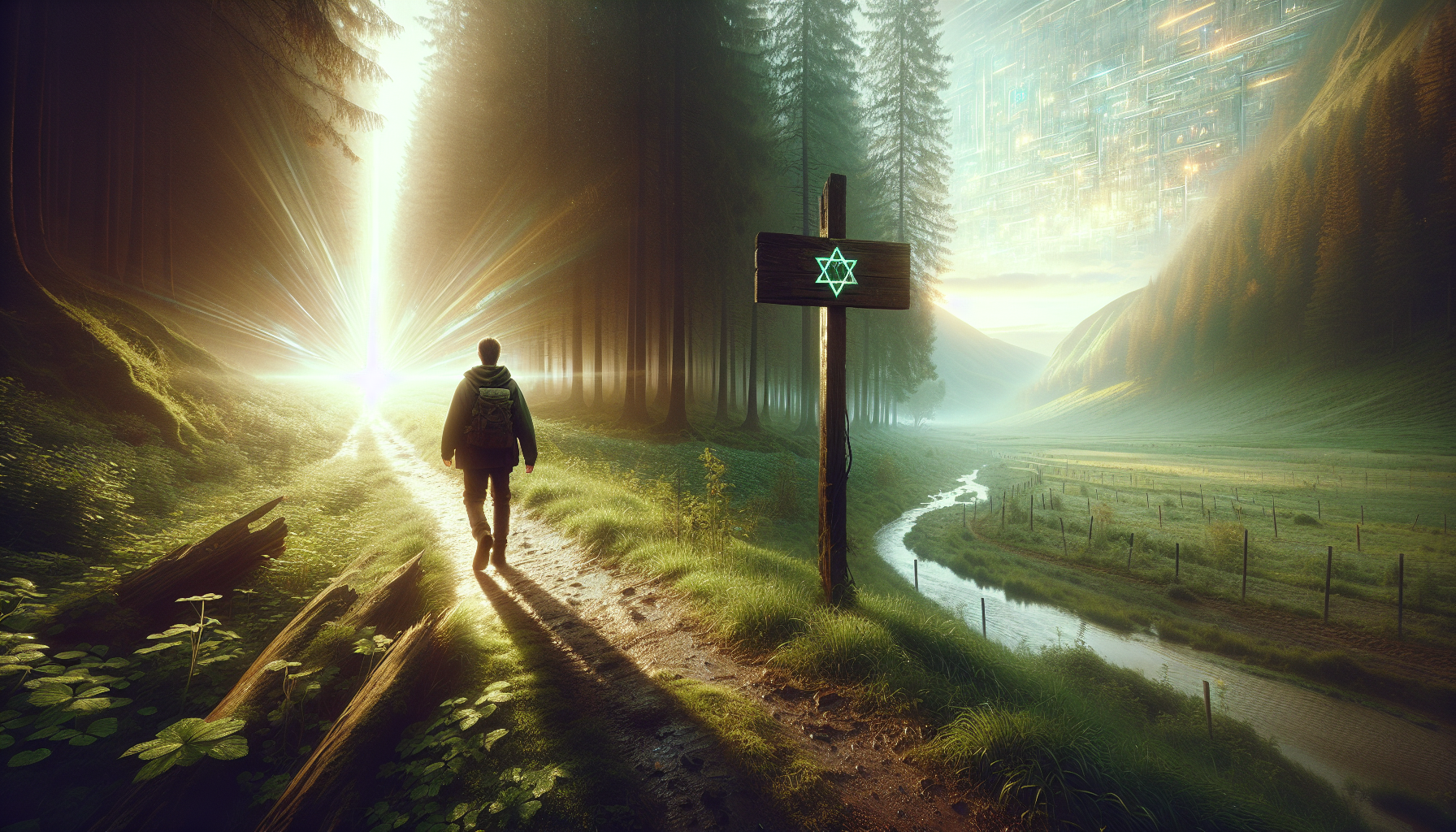 A person walking alone on a narrow, quiet path through a forest at dawn. The digital glow of the city fades behind them in the distance. Ahead, the path leads toward a soft sunrise, with a wooden sign that reads “Ancient Paths” in Hebrew or English. The atmosphere is peaceful, warm, and spiritual. There is a subtle sense of God’s presence—sunlight forming a faint cross shape through the trees. Cinematic, photorealistic, spiritual tone, wide-angle perspective.

Negative Prompt:

No crowds, no tech, no cyberpunk, no futuristic buildings, no darkness or fear