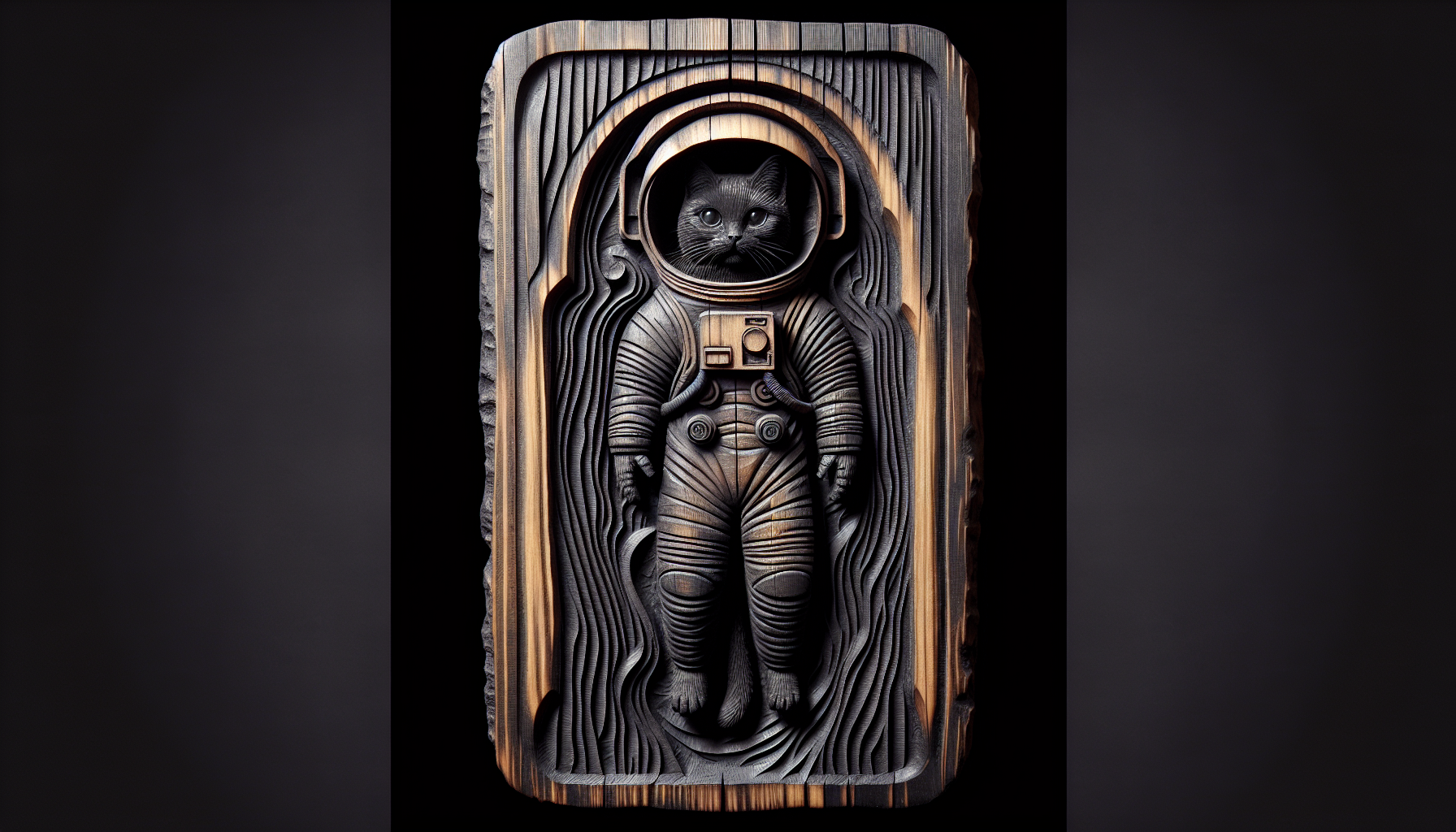 A vertical totem carved in carbonized wood depicting a black cat in a round astronaut helmet, floating upright in space with paws slightly lifted. The spacesuit has simplified detail and a small badge on the chest. Fabric textures are represented with layered lines and chisel textures, blending with the burned wood grain. The frame is round-topped like an ancient tablet.
