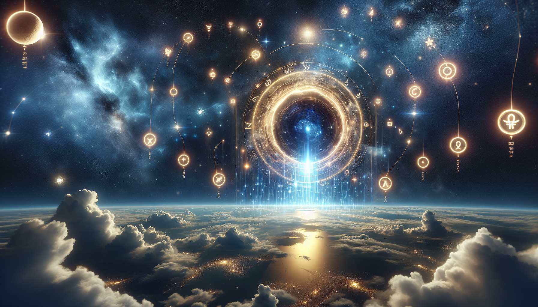 A glowing portal opening above the Pisces constellation, with soft golden rays pouring down into an ocean of stars, and small floating orbs labeled ‘gifts’, ‘luck’, and ‘blessings’ orbiting gently
