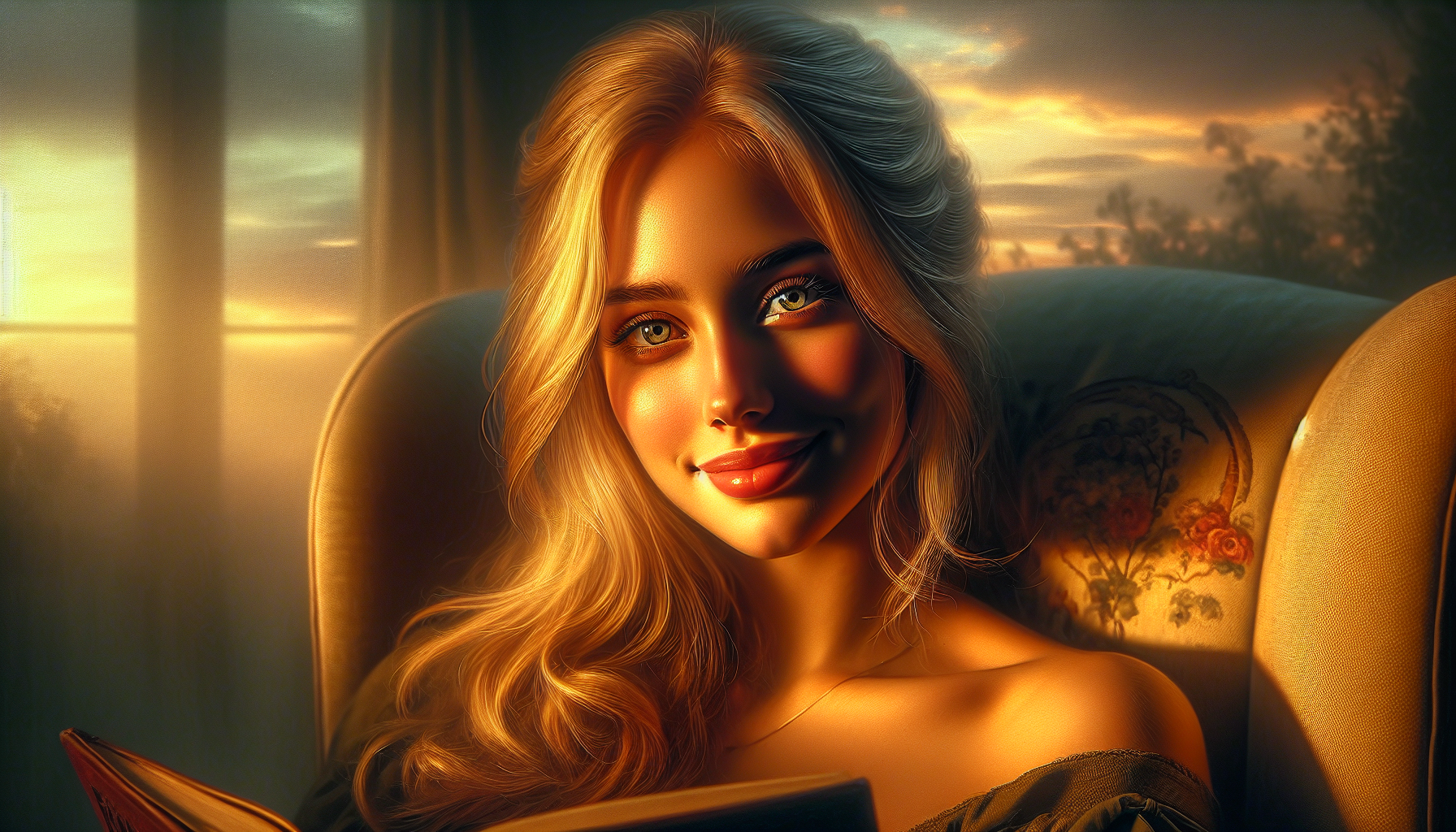 create a photorealistic portrait of a blonde 25 year old woman with kind eyes and a warm smile, her face etched allure and beauty. She is seated in a comfortable armchair, bathed in the soft, golden light of a setting sun, with a book resting in her lap. The scene is filled with a sense of peace and tranquility. Inspired by the works of Rembrandt and the intimate portraits of Steve McCurry, rendered in 8k resolution with meticulous detail.
